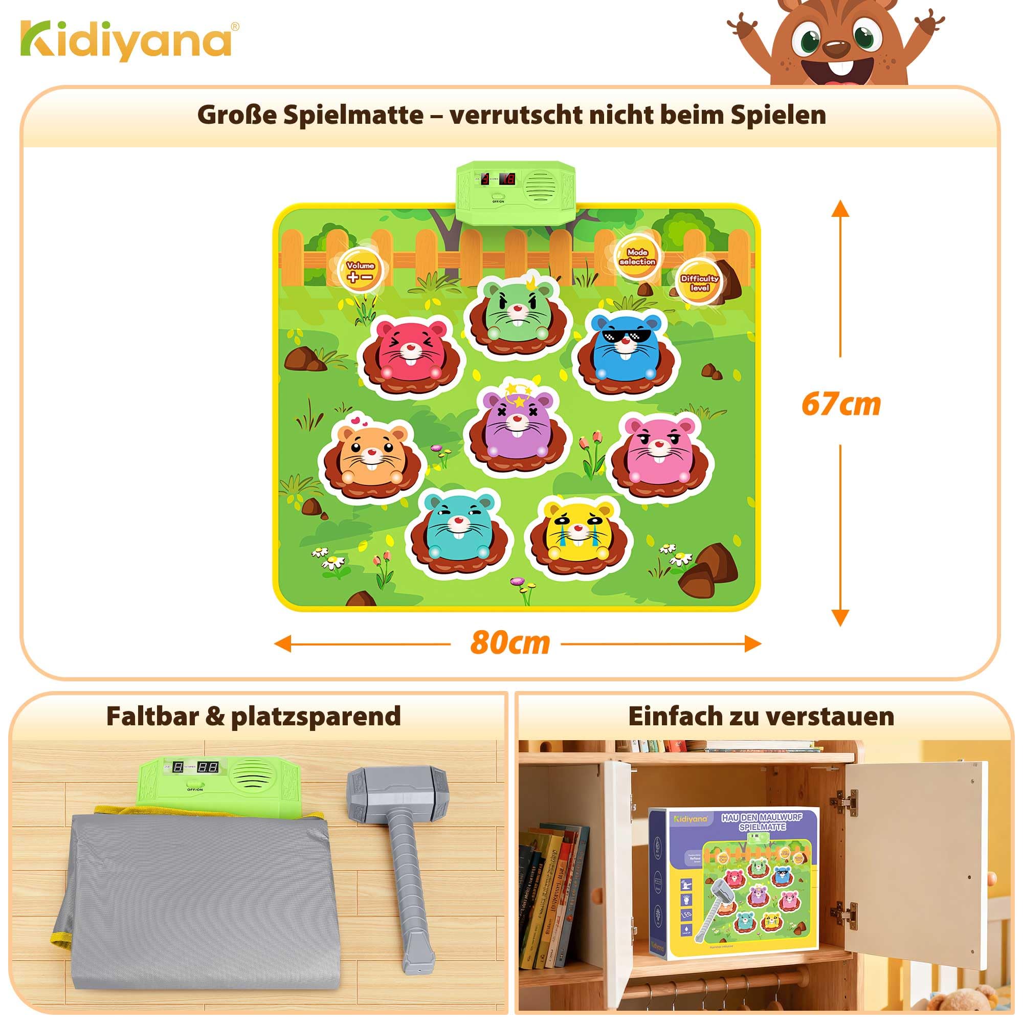 Schlag Spielmatte elektronisches Hammerspiel für Kinder und Erwachsene, Reaktionsspiel mit 8 Spielmodi & 24 Level, Klopfspiel ab 3 Jahre mit Musik & Licht, Maulwurf