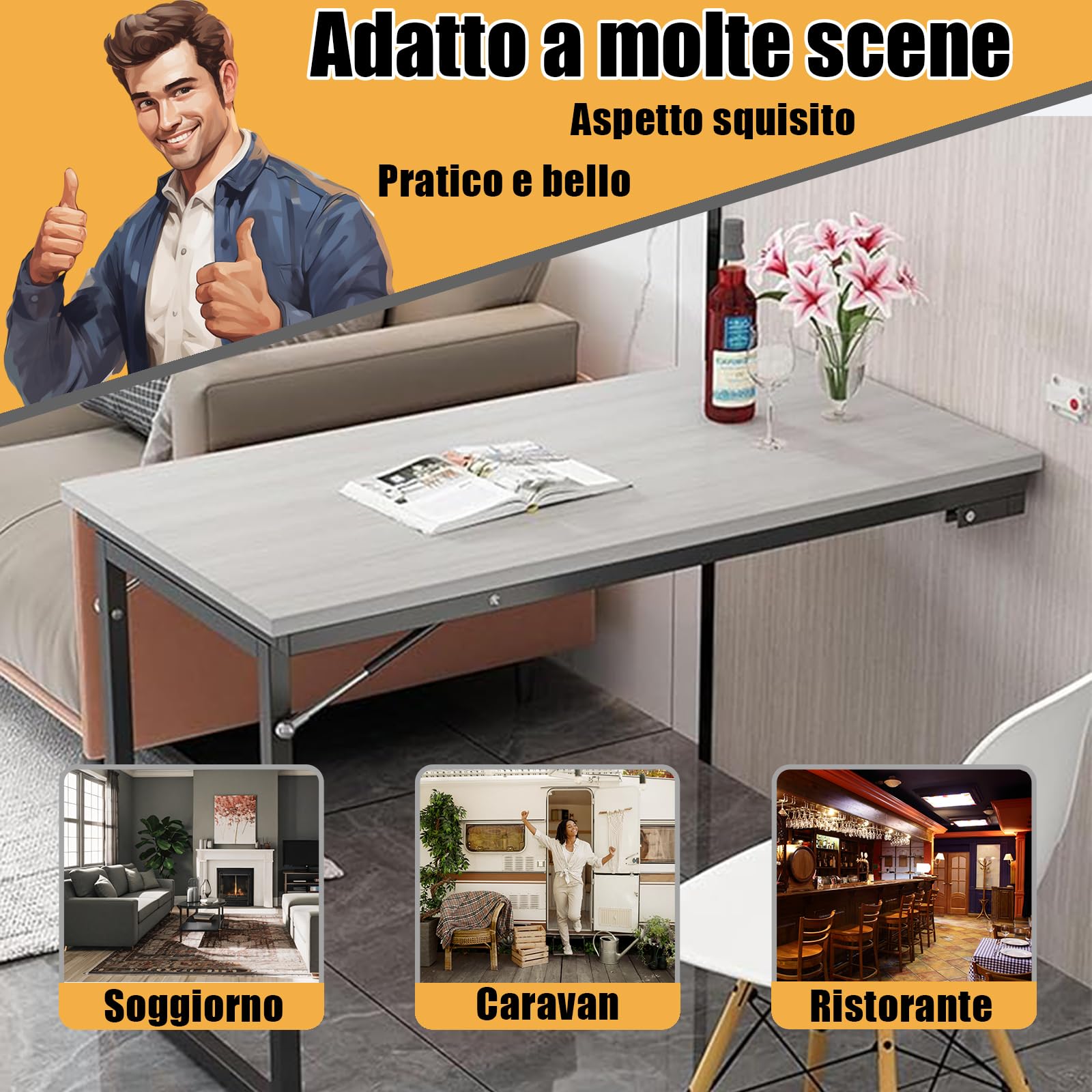 Tavolo Pieghevole Salvaspazio a Parete - Scrivania Richiudibile in Legno Massiccio con Telaio Acciaio Salvaspazio, alla moda e bello, adatto per il soggiorno, la sala da pranzo, la roulotte