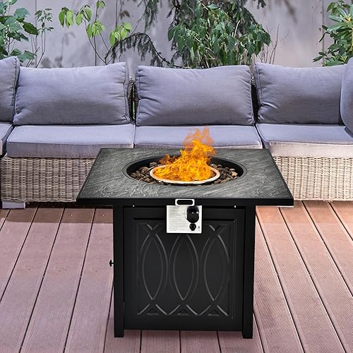 Miniatura 4 de COSTWAY Mesa para fogata de 50.000 BTU/14.65 KW, mesa de fuego de propano de encendido automático para exteriores, con cubierta impermeable, rocas