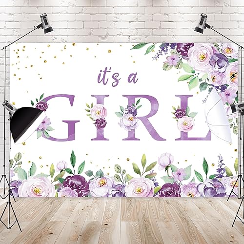 Miniatura 3 de Ufeela Telón de fondo para baby shower con texto en inglés "It's a Girl" de 7 pulgadas de ancho x 5 pies de alto, acuarela floral morado, rosa, flor