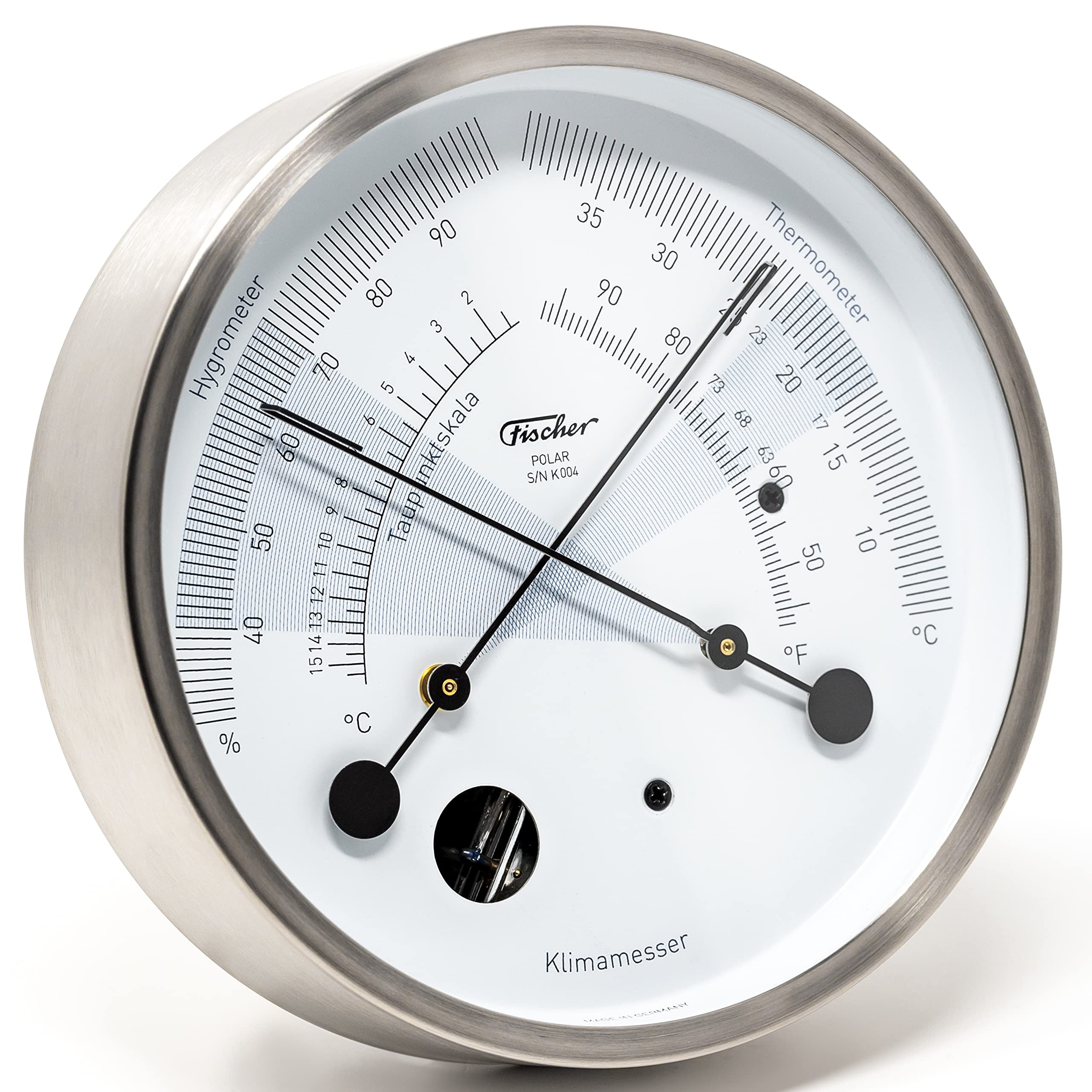 Fischer 1608K-01, POLAR Klimamesser, Thermohygrometer, Made in Germany | mit Thermometer und Haar-Hygrometer, Edelstahl-Gehäuse, Messbereich 30-100 % r. F. und 5-40 °C, 133mm Durchmesser
