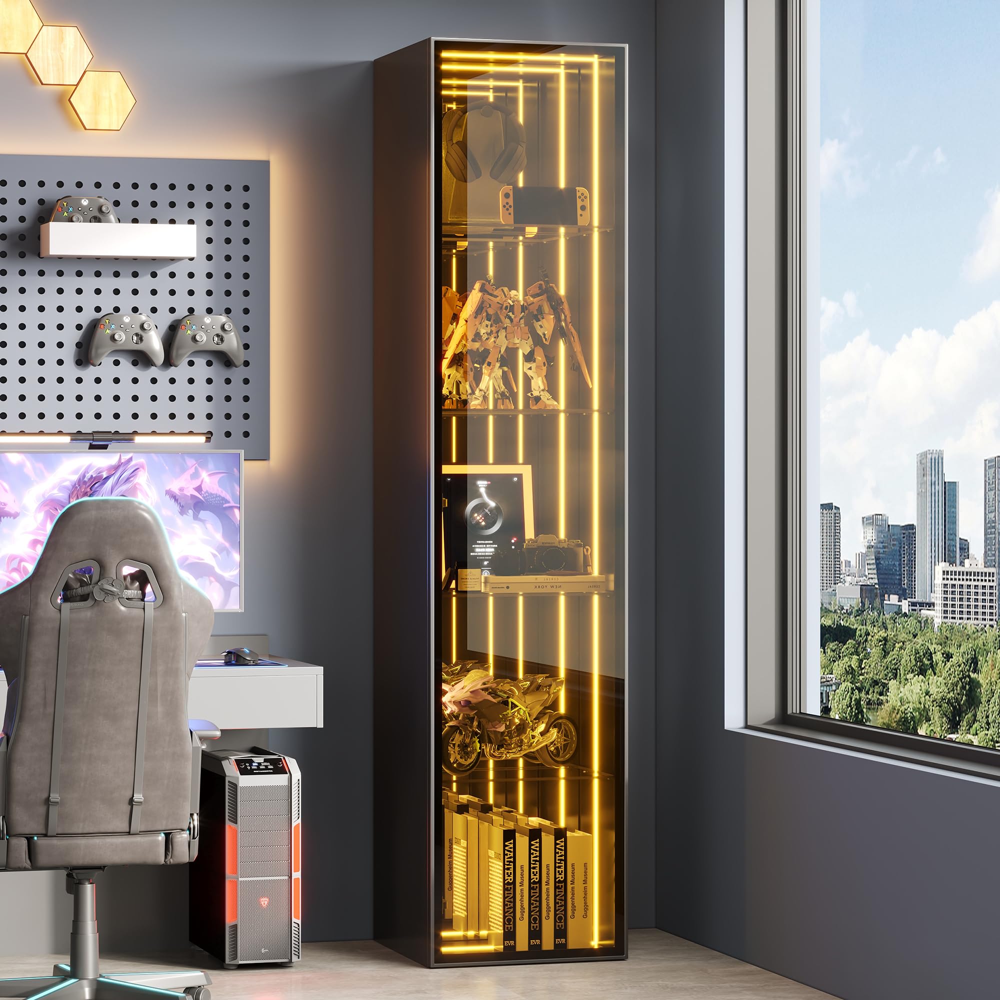 BTM Glasvitrine mit LED Beleuchtung, Aluminiumrahmentür Vitrinenschrank Stehend Wohnzimmer Vitrine Schmal Schwarz 5 Fächer