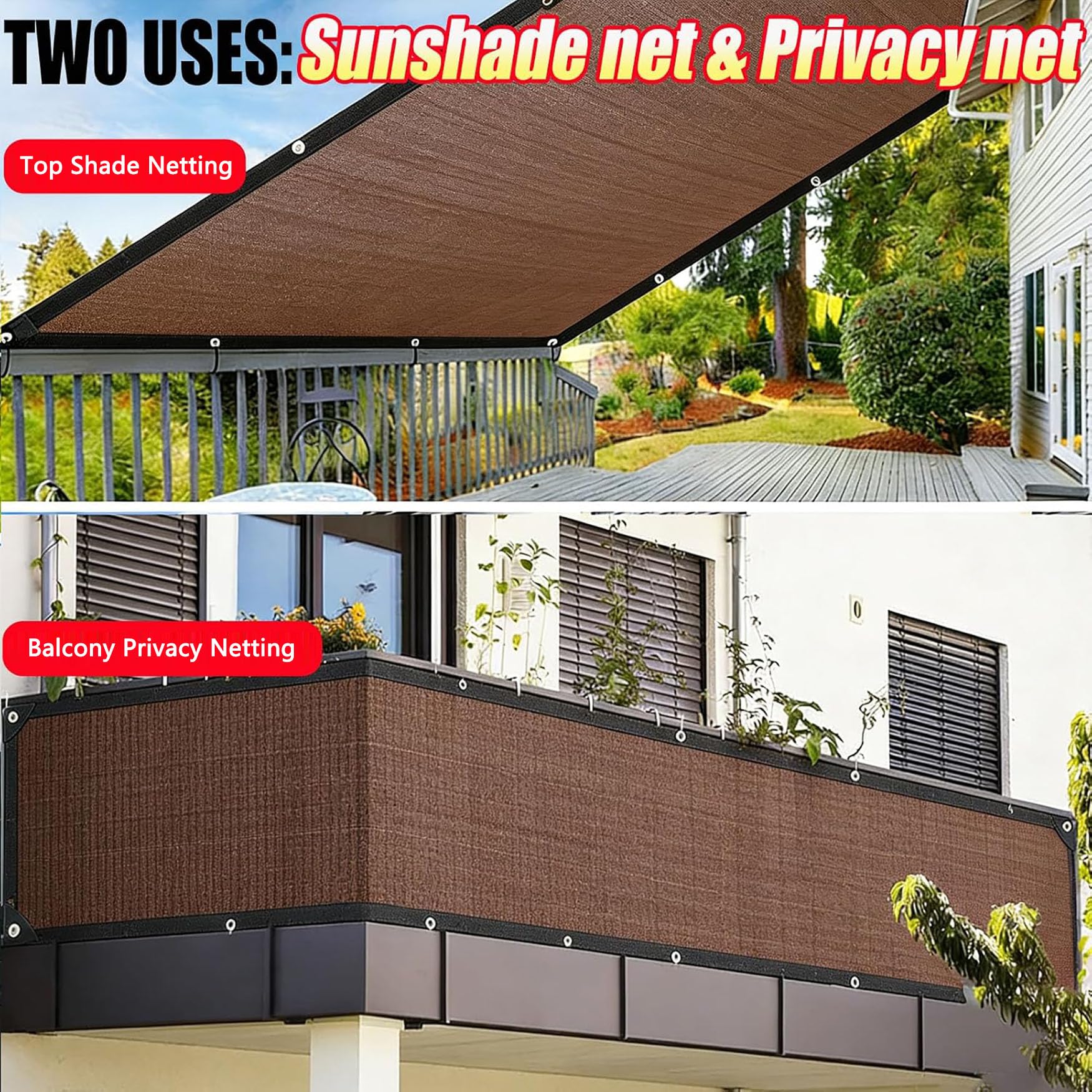 Siatka Zacieniająca 405 x 450 cm Oddychający, Ochrona Przed Ciepłem Dla Roślin Doniczkowych Ekran Prywatności Na Balkon Dla Tarasu, Basenu, Roślin, Przydomowego Ogrodu, brązowy