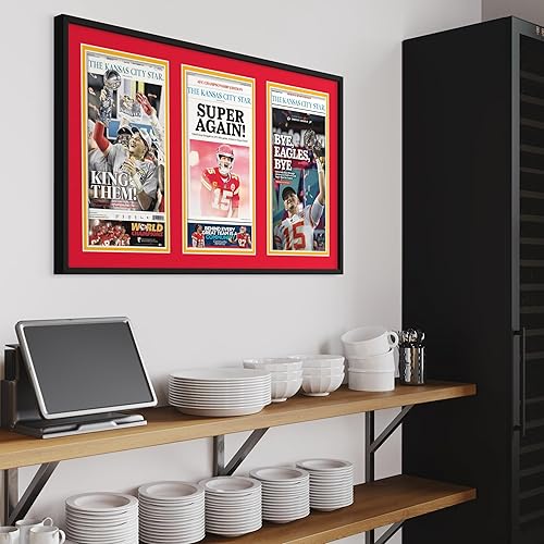 Miniatura 7 de Marco de 12 x 21.5 pulgadas para tres periódicos (negro) | Tamaño exterior de 27 x 40 pulgadas | Rojo sin ácidos sobre tapete doble dorado | Marco