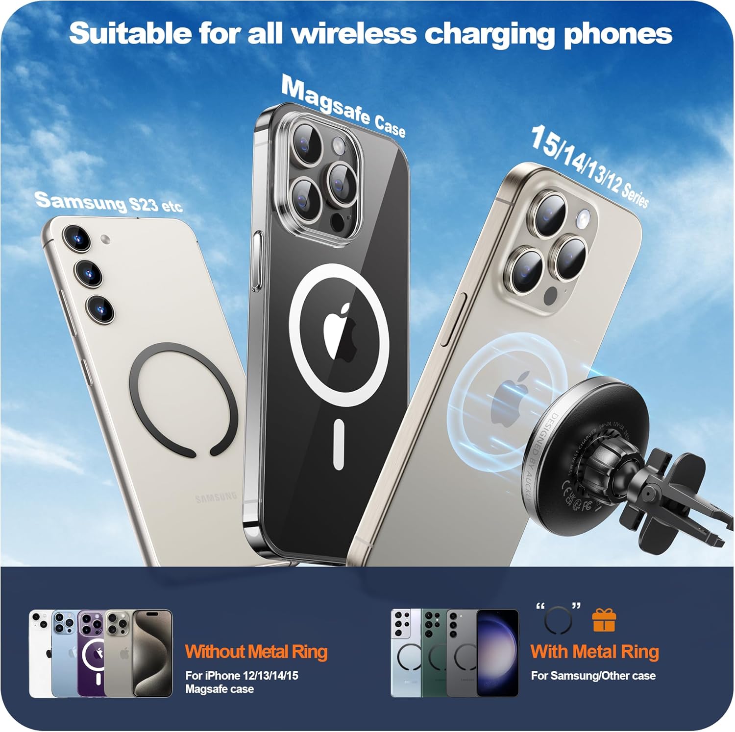 Various smartphones including Samsung and iPhones with and without MagSafe cases, demonstrating compatibility with the wireless charger.