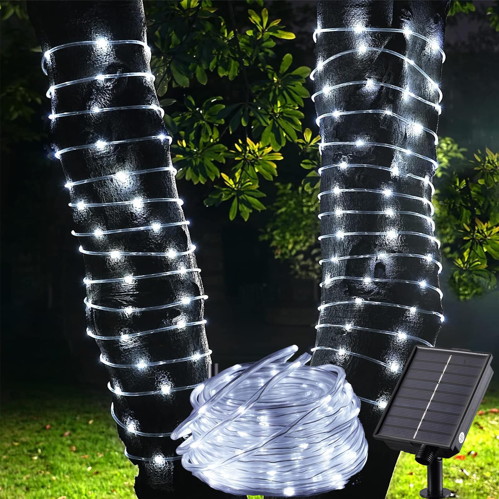 Tacobey Tubo Luci di Natale da Esterno, 10M 100 LED Catena Luminosa Esterno Solare, Impermeabile, 8 Modi, Decorative Per Giardino, Patio (Bianco Freddo)