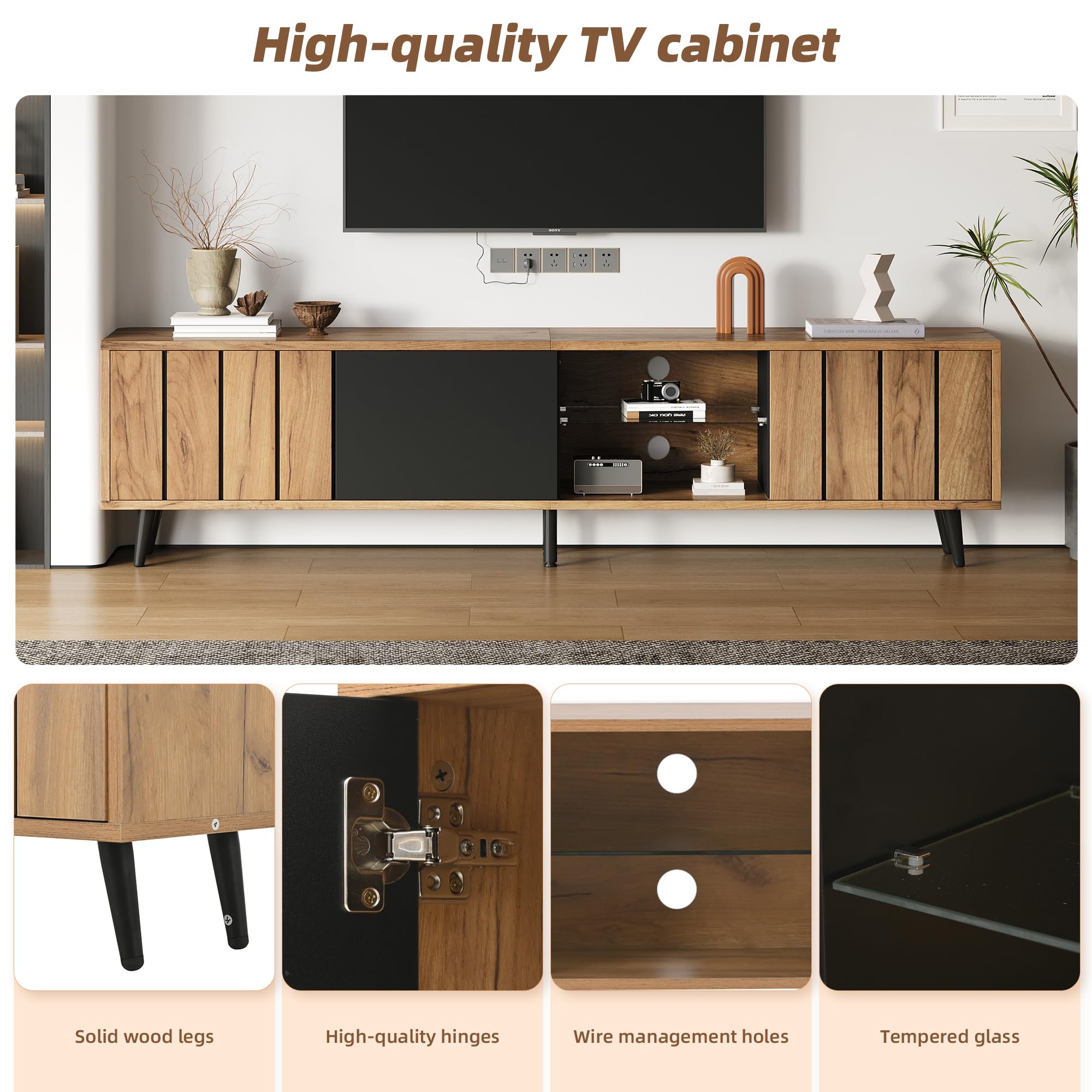 175 x 31,5 x 45 cm szafka pod telewizor do salonu, szafka TV z 3 szafkami, prosta szafka do salonu z oryginalnym kolorem drewna + czarny splot, pasuje do telewizorów o przekątnej ekranu 75"