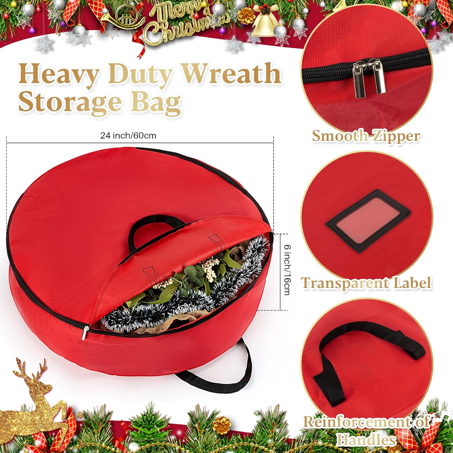 24 Inch RAINFLOW Christmas Wreath Storage Container - Heavy Duty Wreath Storage Bag With Handles Red Thickened Nonwoven Fabric Ideal For Household Organization Halloween Holiday Ornament Storage