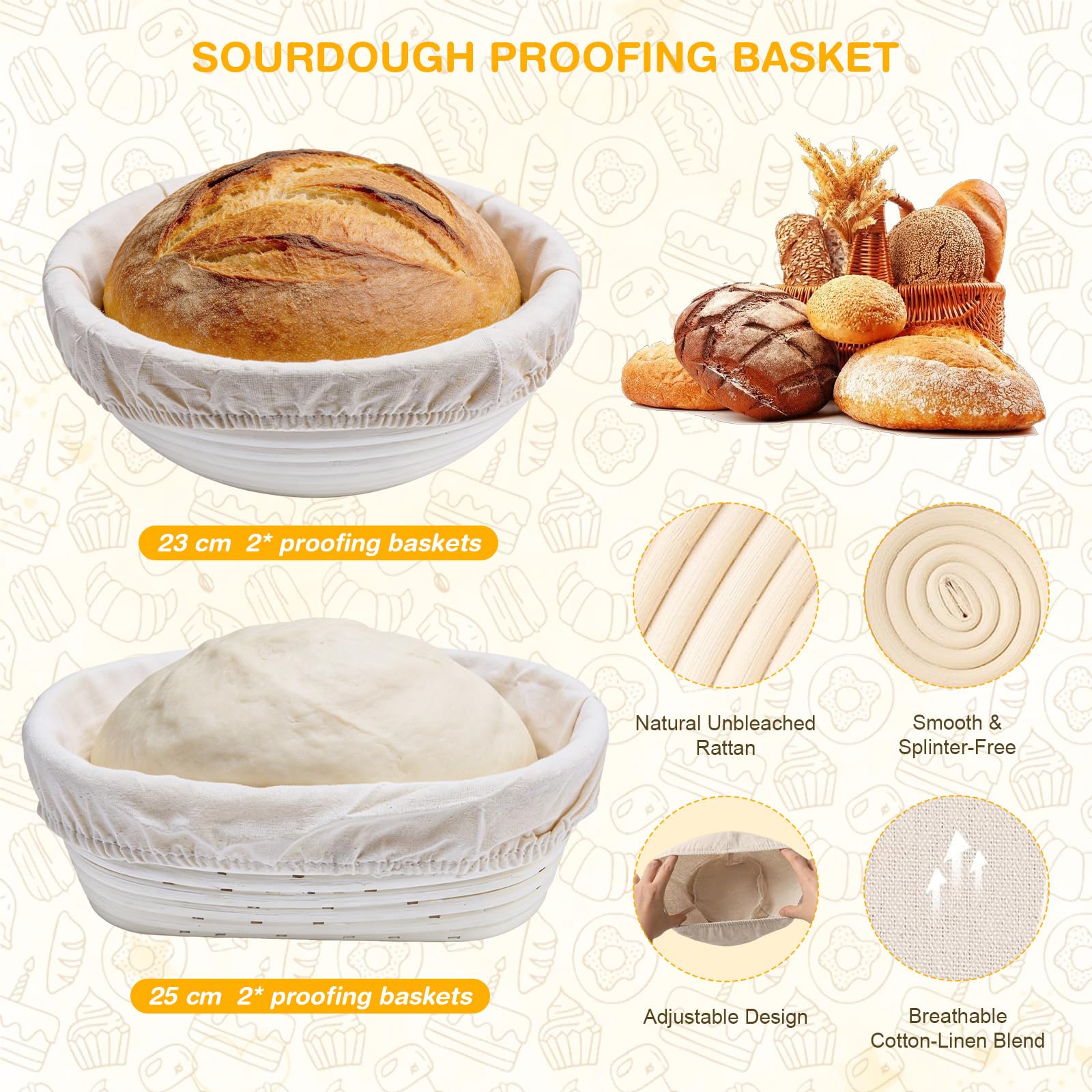 Cestino da Lievitazione per Pane, Set Lievitazione Pane 25cm Ovale & 23cm Rotondo, Kit Completo di Lievito Madre con Barattolo per Levito Madre, Accessori per la cottura del pane per Principianti