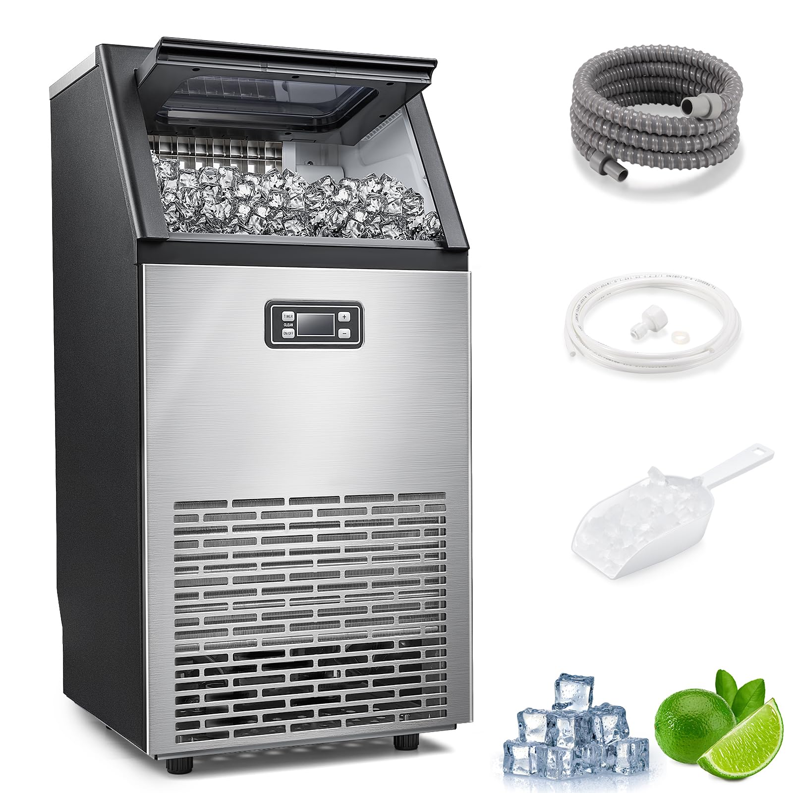 ZAFRO Commercial Ice Maker Machine 200lbs /24H,Stainless Steel Under Counter Ice Machine with 48lbs Storage Ice Bin,Freestanding Ice Maker for Restaurant/Bar/Cafe/Home