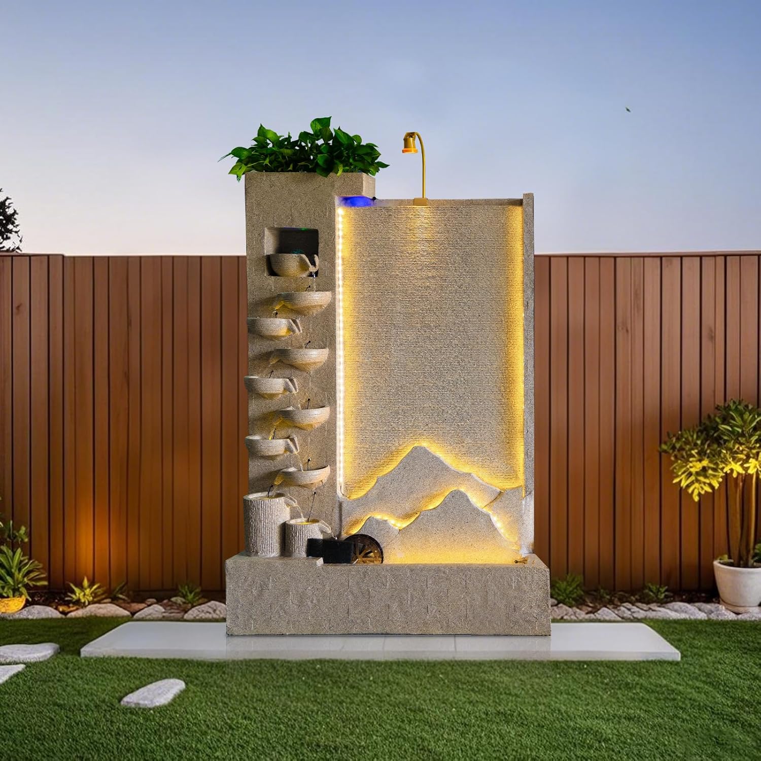 Retro Cement Water Fountain with Lighting, Mist & Waterwheel – 6.89ft Tall Indoor/Outdoor Decor for Garden, Entryway, Pool,Housewarming Gift(Left+Right)(#A+B)