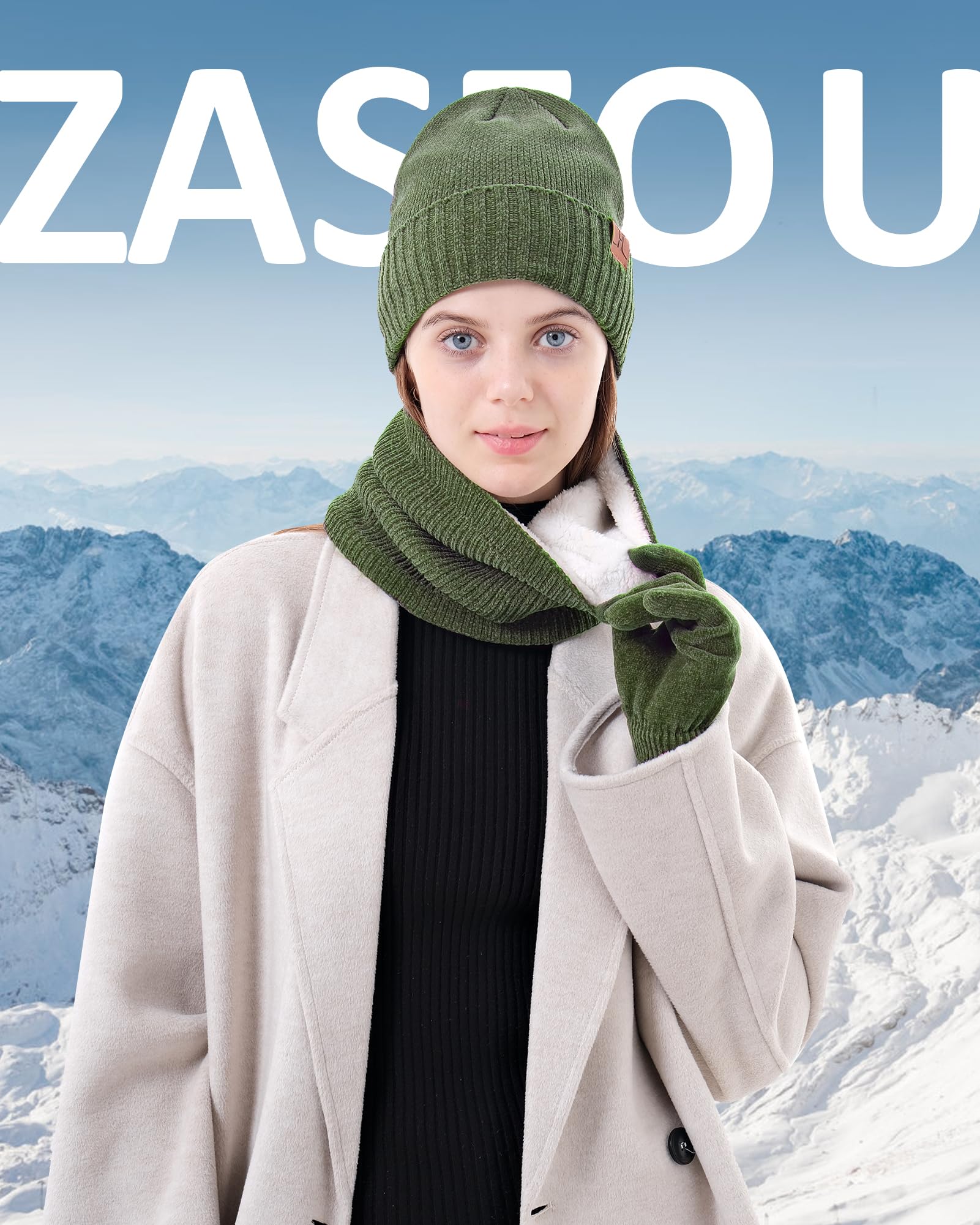 ZASFOU Damen Herren Winter Mütze Schal Touchscreen Handschuhe Set Thermo Chenille Beanie Wintermütze Loop Schal Schlauchschal Winterhandschuhe Geschenk für Männer Frauen