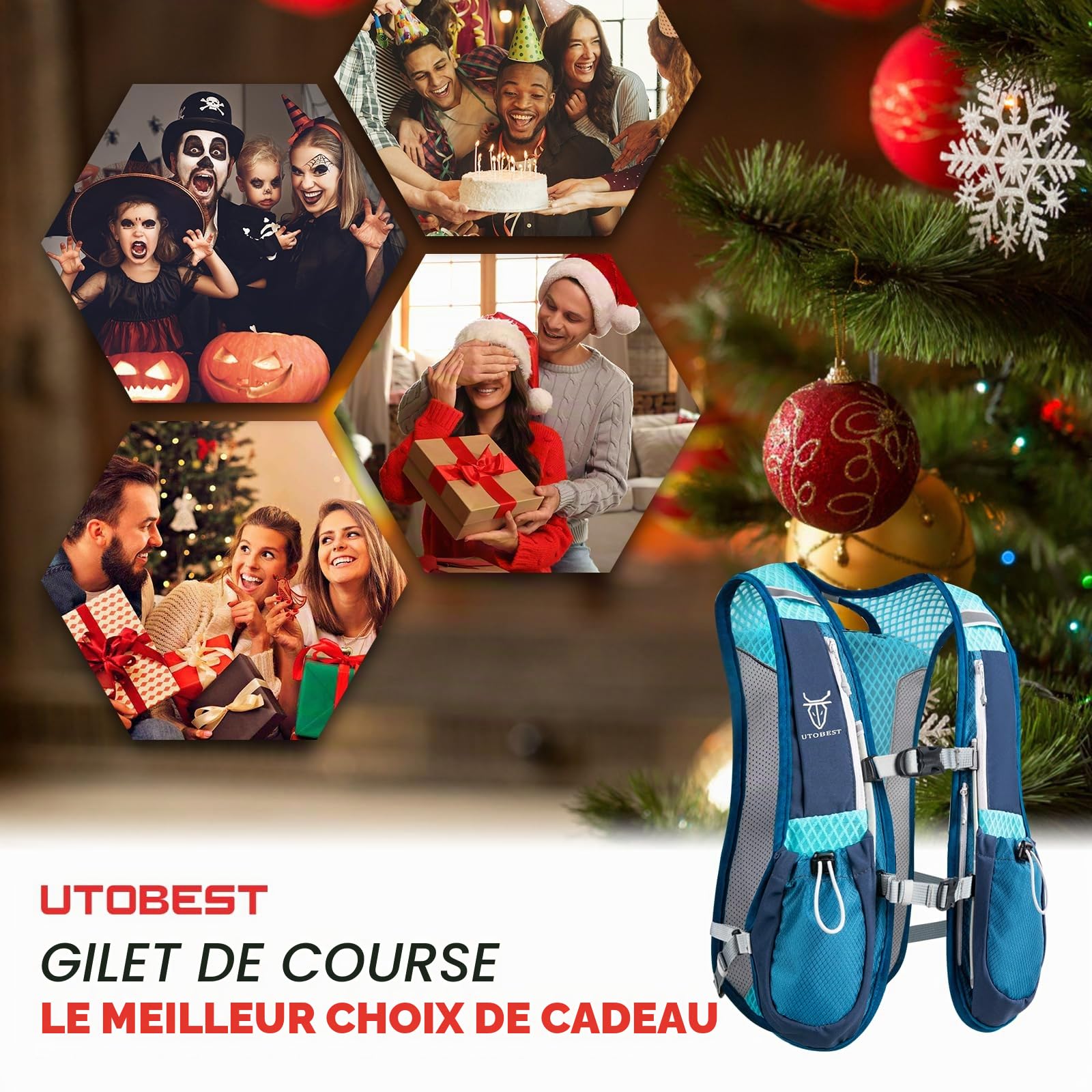 UTOBEST Gilet de Course, Gilet Hydratation Léger 5L UTR104 | 7 poches, grand support telephone, ajustement confortable, sans rebond, OSFM, mixte, trail, park run, marathon