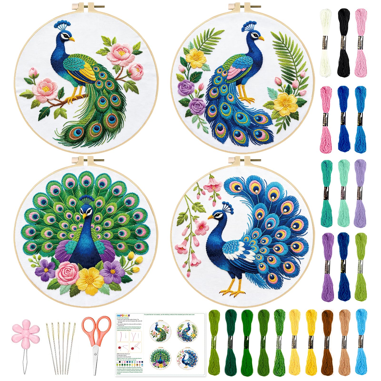 INFUNLY 4pcs Green Peacock Embroidery Kit for Beginners Peacock Flowers Cross Stitch Kits with Pre-Printed Patterns 11.6x11.6inch Embroidery Starter Kit with 22 Colors Thread for DIY Craft Lovers