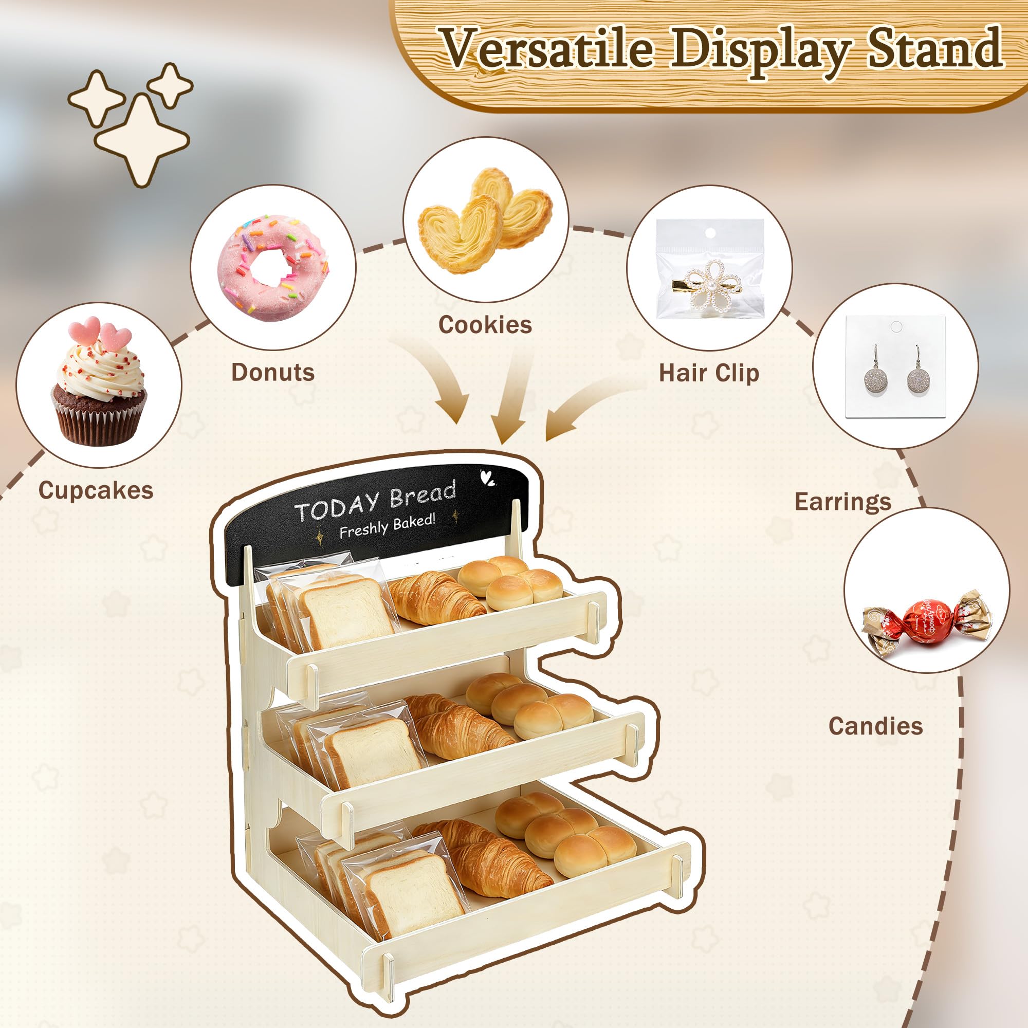 Espositore per biscotti in legno con lavagna per banchetti di mercato, fiere artigianali ed eventi, espositore per biscotti a 3 livelli per panettieri e venditori per mostrare cupcake