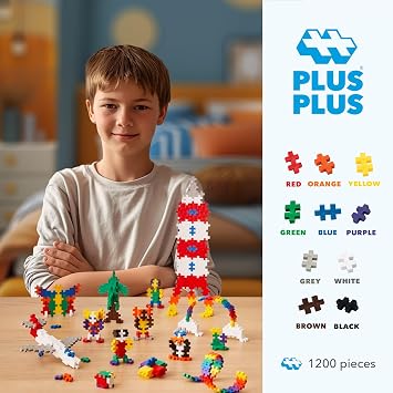 Plus Plus 1200 Piece Basic Color Mix - Mini Interlocking Building Blocks Set, Stem Toys for Kids - Sensory Bin Fillers / Math Manipulatives Classroom Must Haves Gifts for Boys & Girls