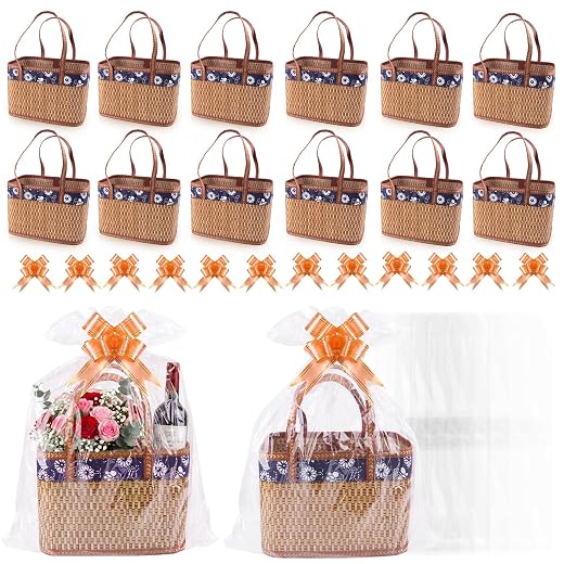 Conjunto de 12 cestas pequenas para presentes – cesta de presente de bambu resistente vazia com sacos e fitas para Natal, Ação de Graças, aniversário, dia das mães, festa de inauguração de casa