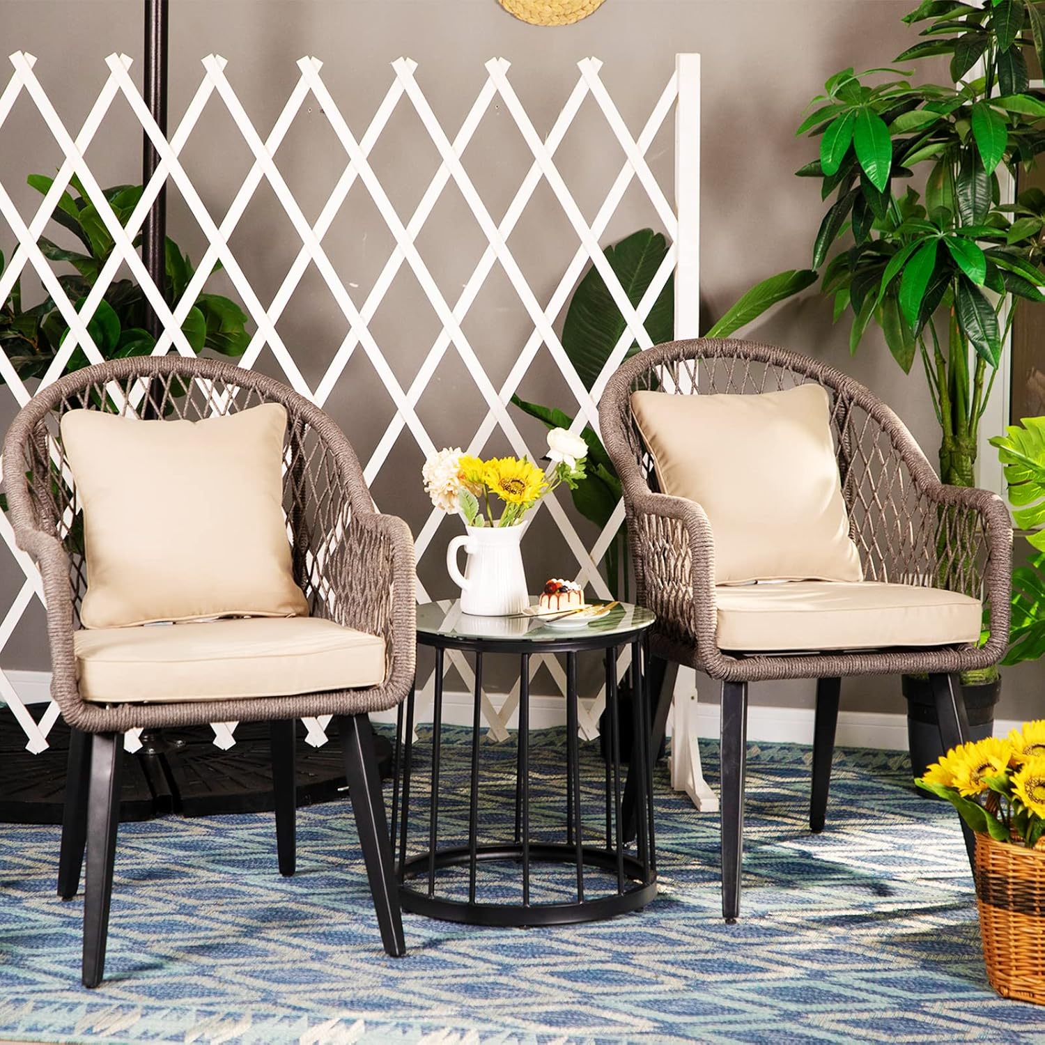 PHI VILLA 3 Pieces Patio Conversation Bistro Set, 2 Hand-Woven Olifin Rope Cushioned Chairs and 1 Glass Top Coffee Table Outdoor Furniture Set for Porch, Backyard - Grey with Beige Cushion