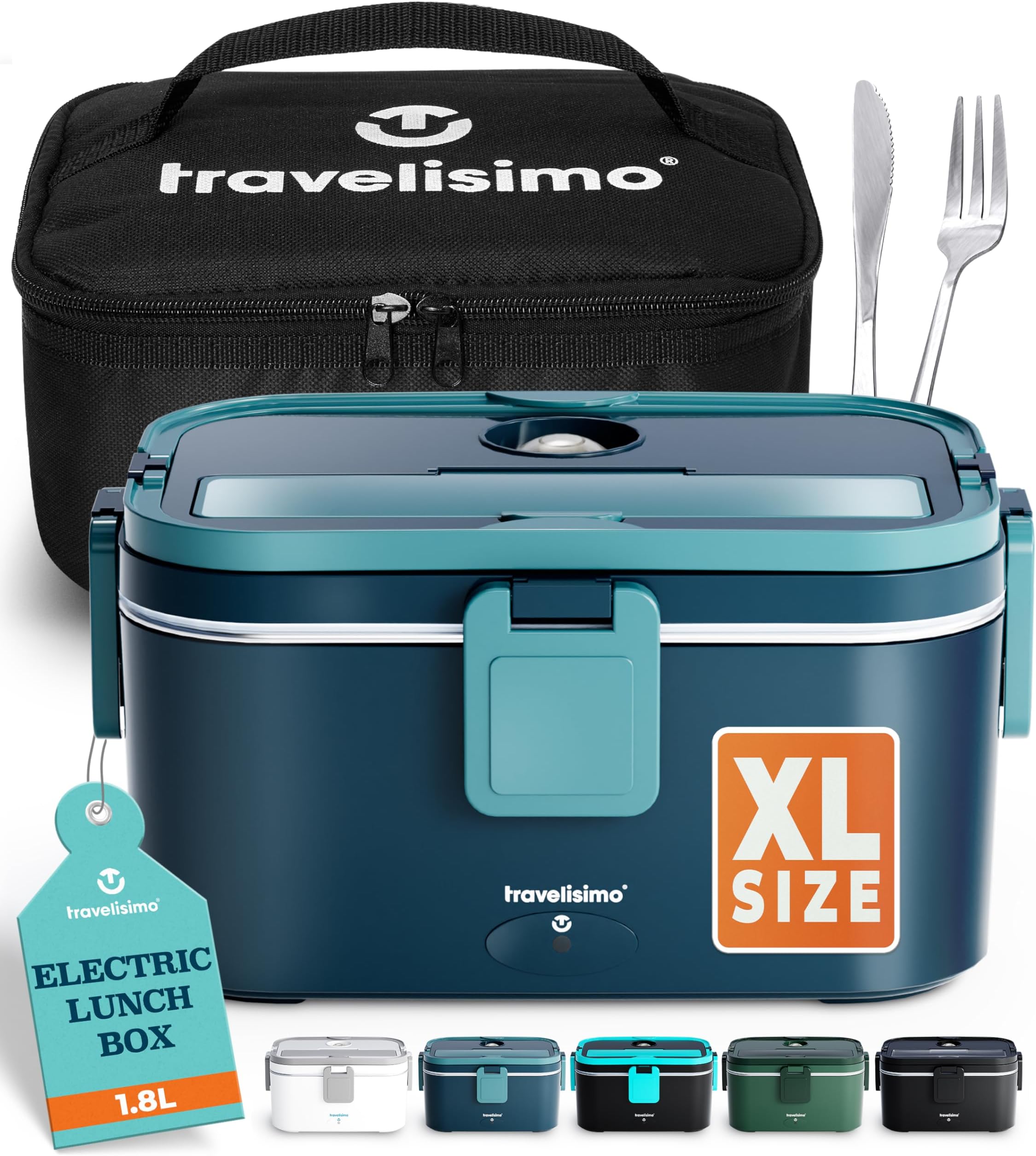 TRAVELISIMO Extra-Large Heated Lunch Box – Holds up to 1.8L 100W Electric Lunch Box, Stainless Steel Heated Lunch Boxes for Adults 3 in 1 for Car, Electric Lunchbox 12V/24V/230V Self Heating Lunchbox