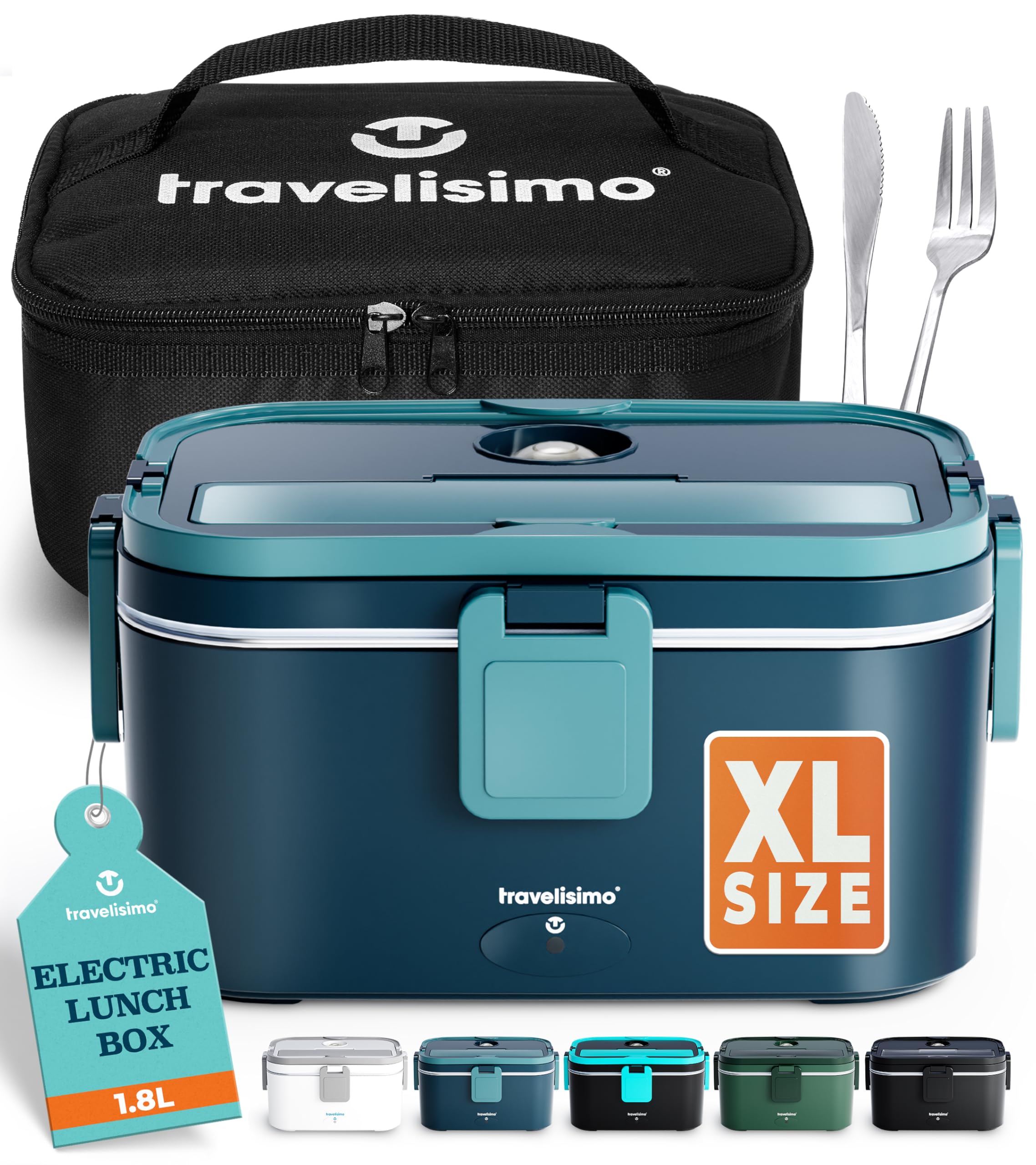 TRAVELISIMO Extra-Large Heated Lunch Box – Holds up to 1.8L – 80W Electric Lunch Box, Stainless Steel Heated Lunch Boxes for Adults 3 in 1 for Car, Electric Lunchbox 12V/24V/230V
