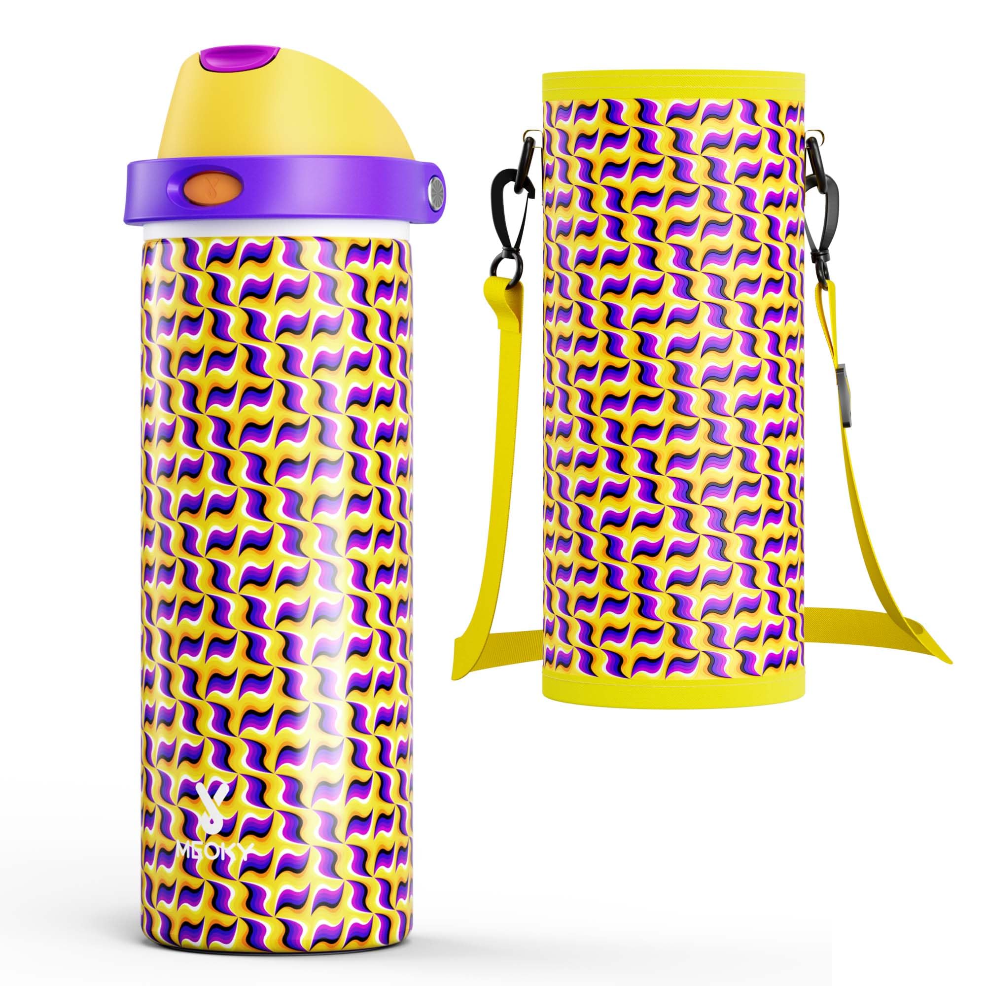 24 oz Insulated Water Bottle with Straw: Meoky Stainless Steel Water Bottle with Holder and Strap - Leak Proof, Cold for 24 Hours, Fits in Car Cup Holder, BPA-Free for Travel Sports Gym, Optic Wave