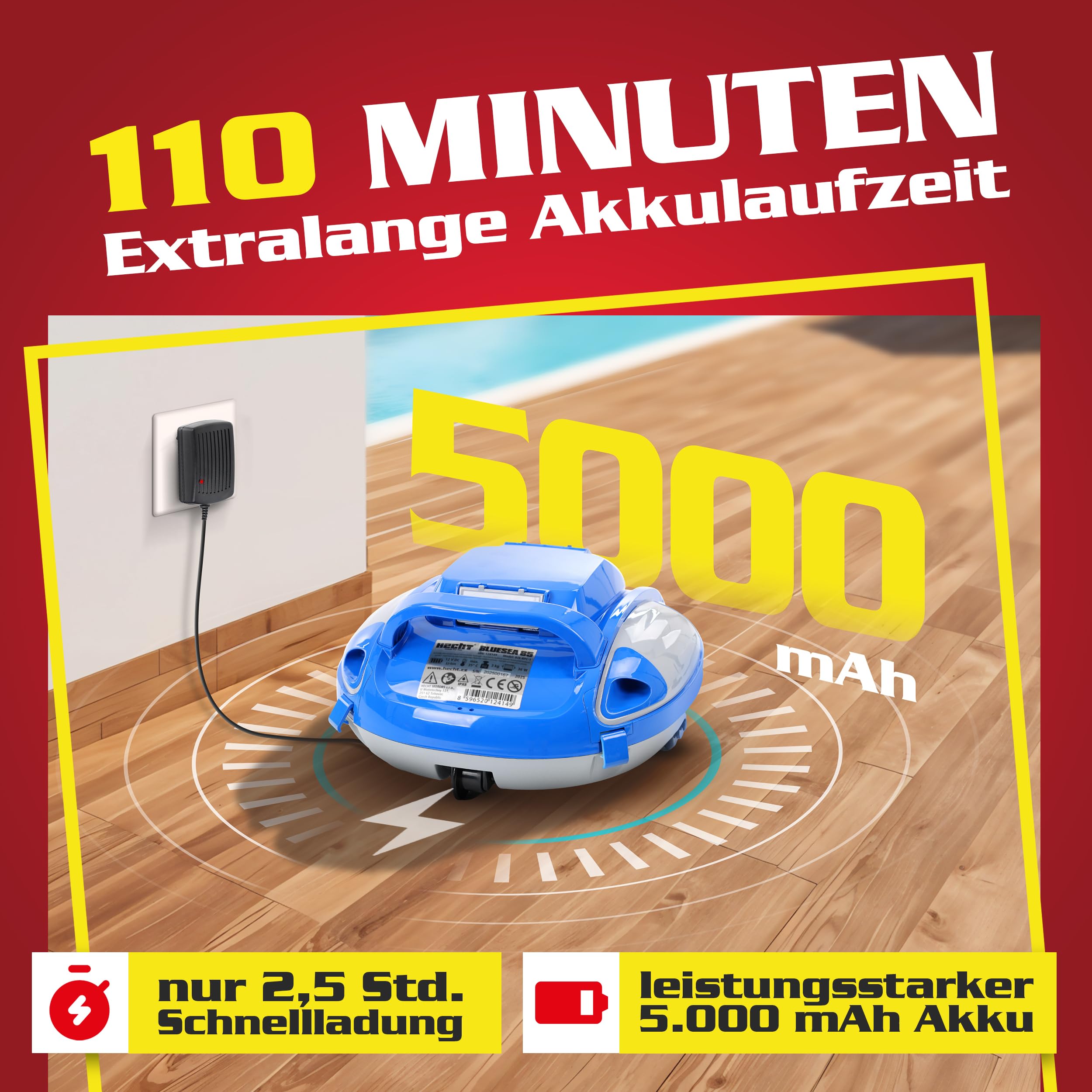 Hecht Poolroboter kabellos – 110 min Laufzeit, 5000 mAh - Akku Poolsauger & Poolreiniger für Boden & Wand bis 85 m², 1 klick Bedienung, leicht 3 kg, für jeden Pool geeignet | Unterwasser