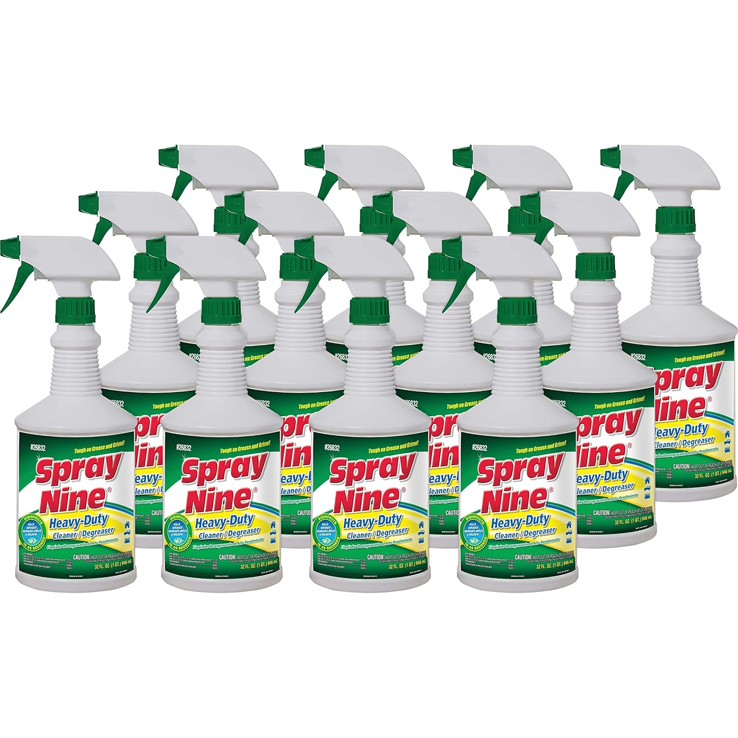 Spray Nine 26832-12PK Heavy Duty Cleaner Degreaser Disinfectant for Kitchens Bathrooms Yard Equipment Automotive Industrial 32 Fl Oz
