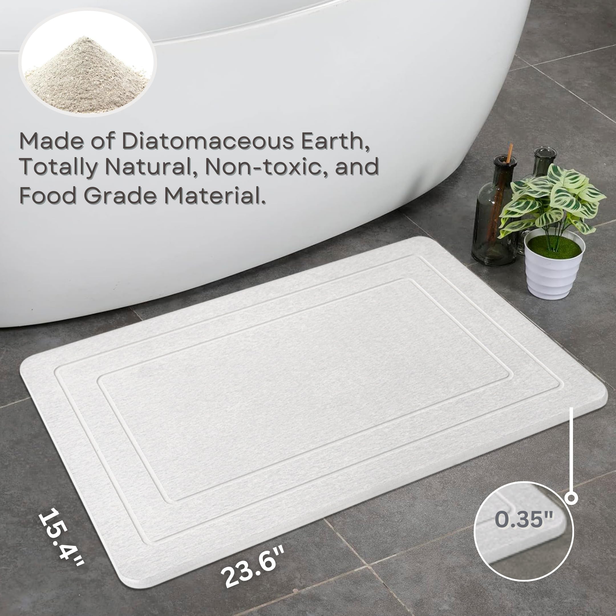 Greenturf Diatomite Bath Mat - 23.6x15.4 Inch, Natural Stone Quick-Dry Shower Mat, Grey - View #3