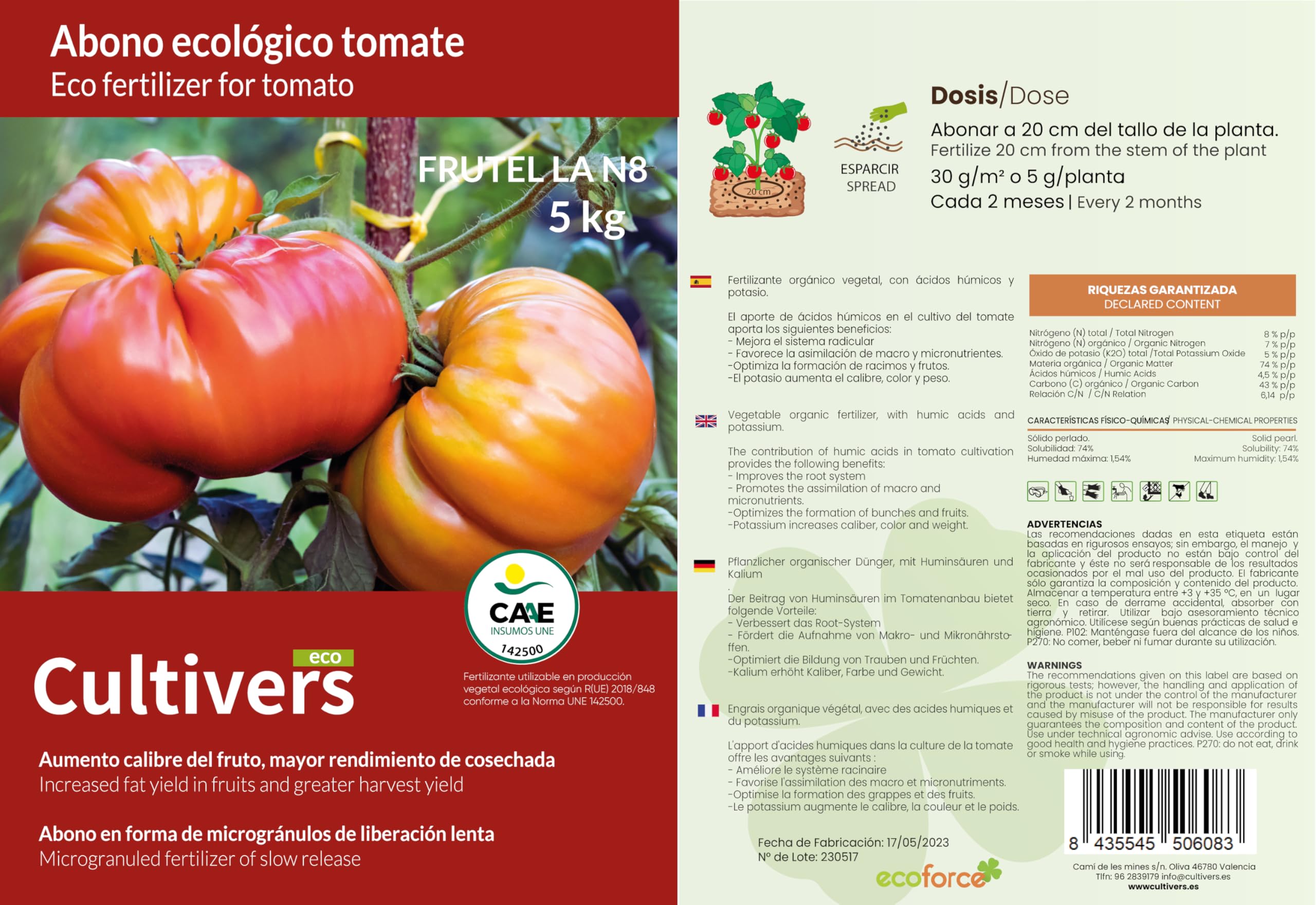 CULTIVERS Abono Tomates Ecológico de 2x5 kg. Fertilizante de Origen 100% Orgánico y Natural Microgranulado. Mejora la Productividad tus tomateras