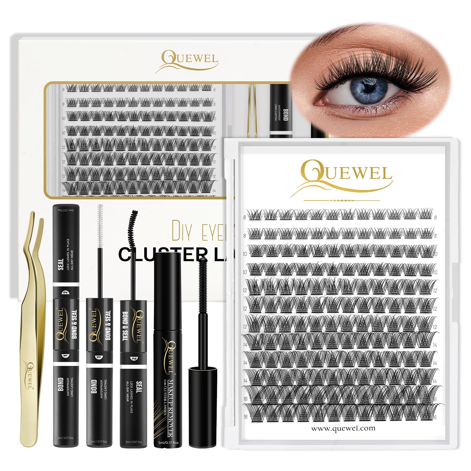 QUEWEL DIY Lash Extensions Kit Lash Clusters 144 Pcs, Cluster Lashes Golden Lashes Tweezers, Eyelash Clusters Bond and Seal Waterproof, Cluster Lash