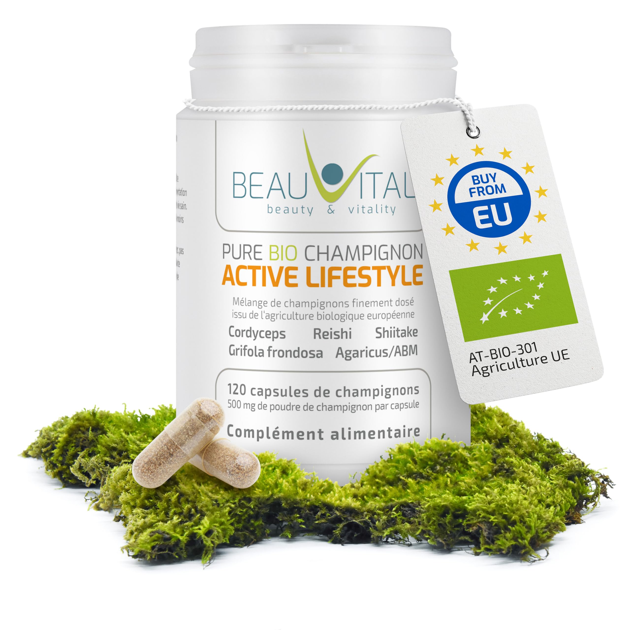 Pure Bio Active Lifestyle 120 gélules, chacune 500 mg de Cordyceps, Reishi, Shiitake, Grifola, Agaricus de l'agriculture biologique de l'UE, végétalien