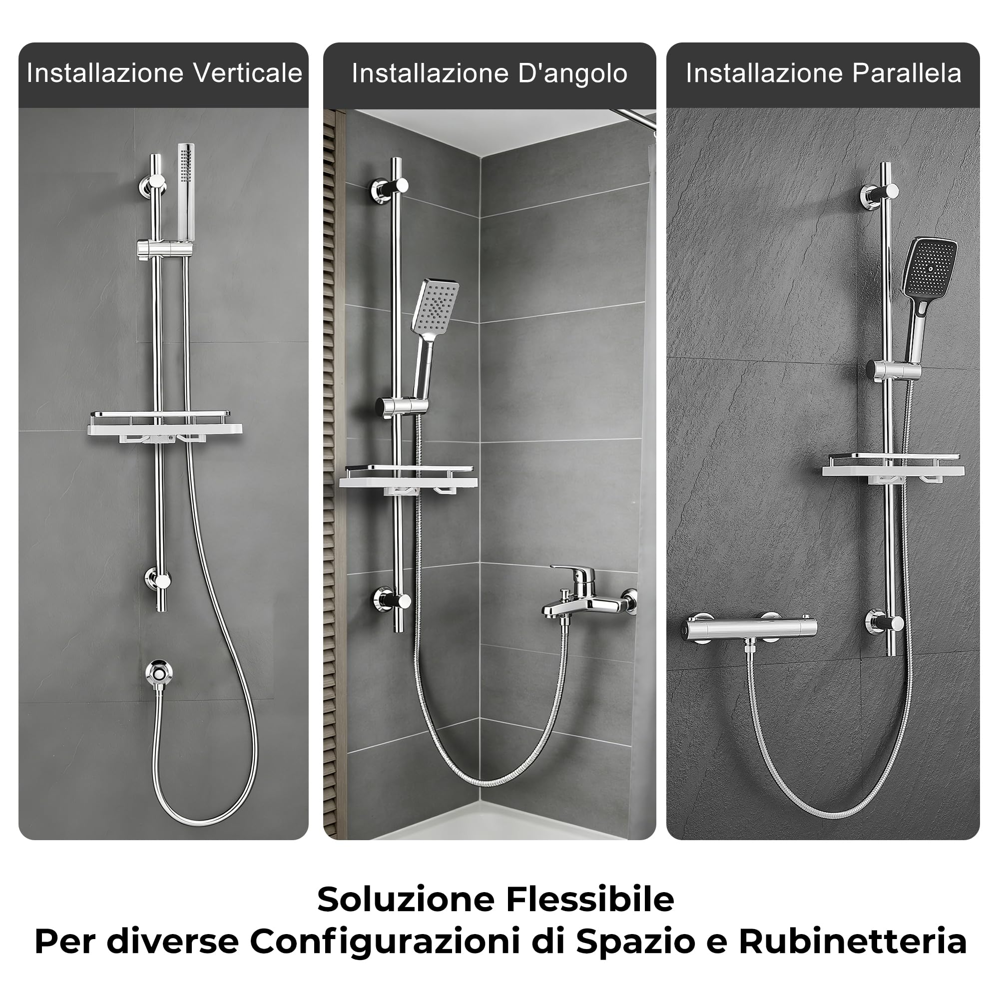 Görbach Asta Doccia in Acciaio Inox con Supporto Soffione Regolabile per Adattarsi ai Fori Esistenti, Adatto per Doccette Standard, Saliscendi Doccia 100 cm con Mensola Cromo