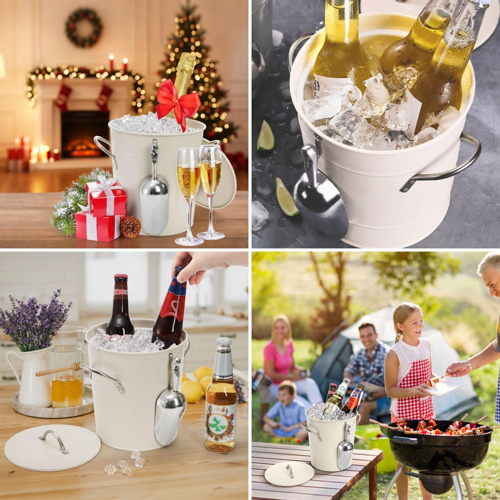 YOUEON Cubo de hielo de 4 litros con cuchara y tapa, cubo de metal galvanizado con asas de transporte, enfriador de cubo de vino de doble pared, tina de bebidas para fiestas, camping, barbacoa, uso en