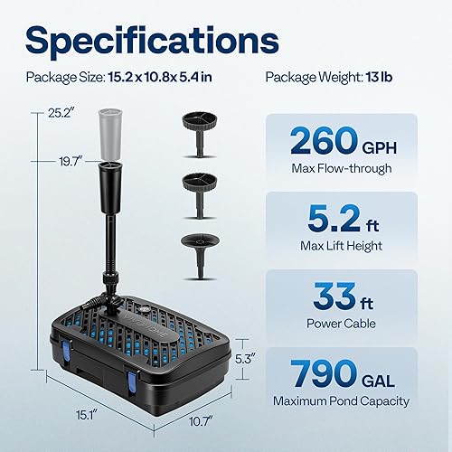 Miniatura 7 de VIVOHOME Kit de sistema de fuente de filtro de estanque todo en uno, bomba de agua sumergible de 260 GPH para estanques de hasta 790 galones