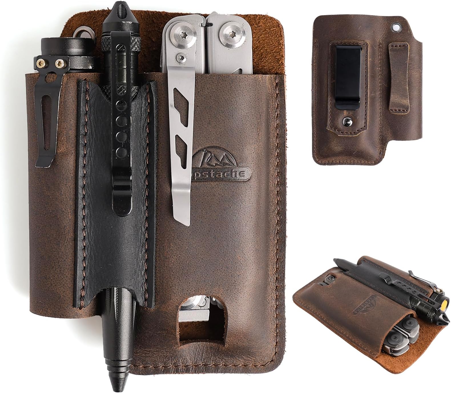Topstache Leather Multitool Sheath with Belt Clip - Multitool Holster for Belt - EDC Belt Organizer Fits Multitool, Flashlight, Pen - Leather Multitool Pouch - Leather Multitool Holder, Darkbrown