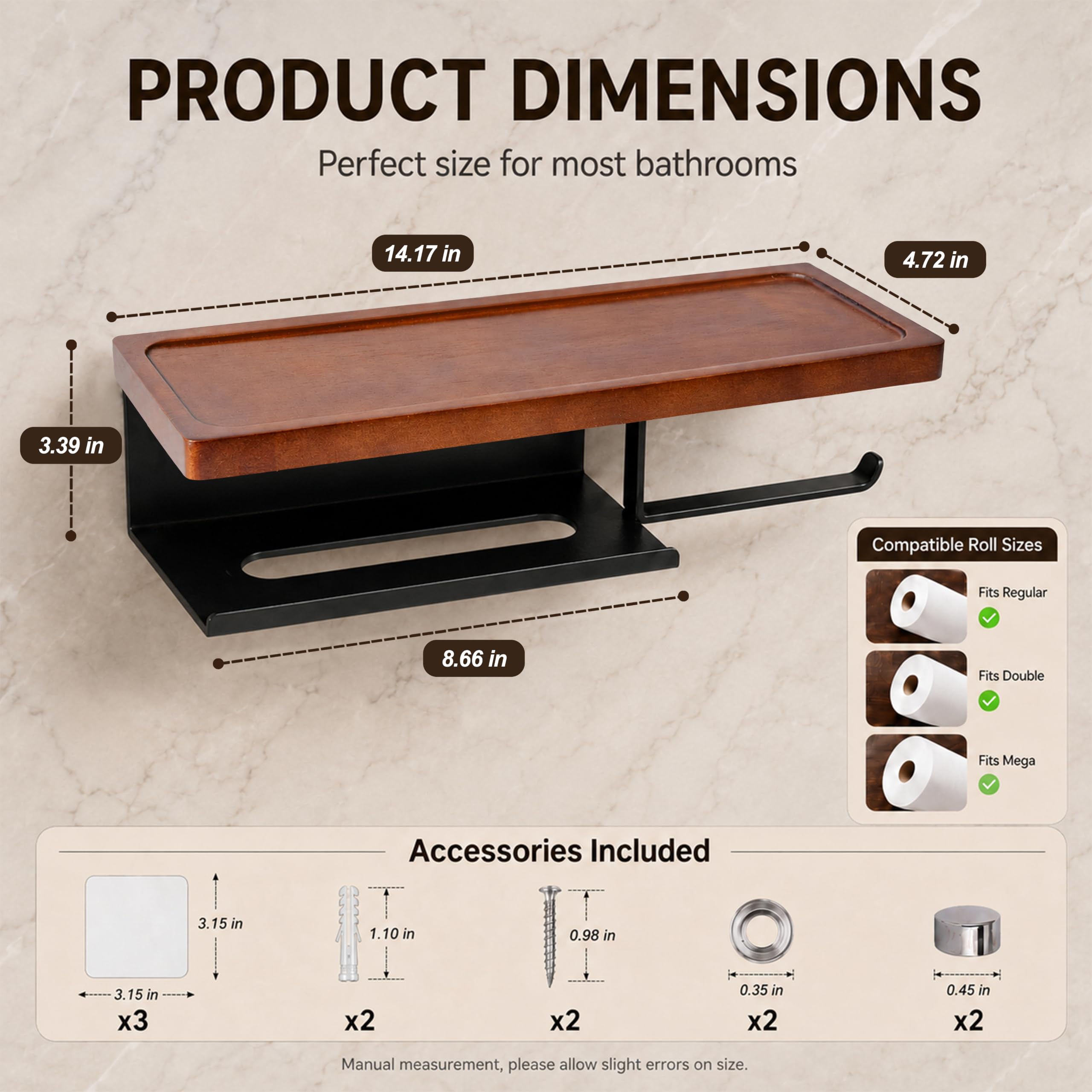 Wood Toilet Paper Holder with Shelf, Black Self-Adhesive Wall Mount — Amazon image 5