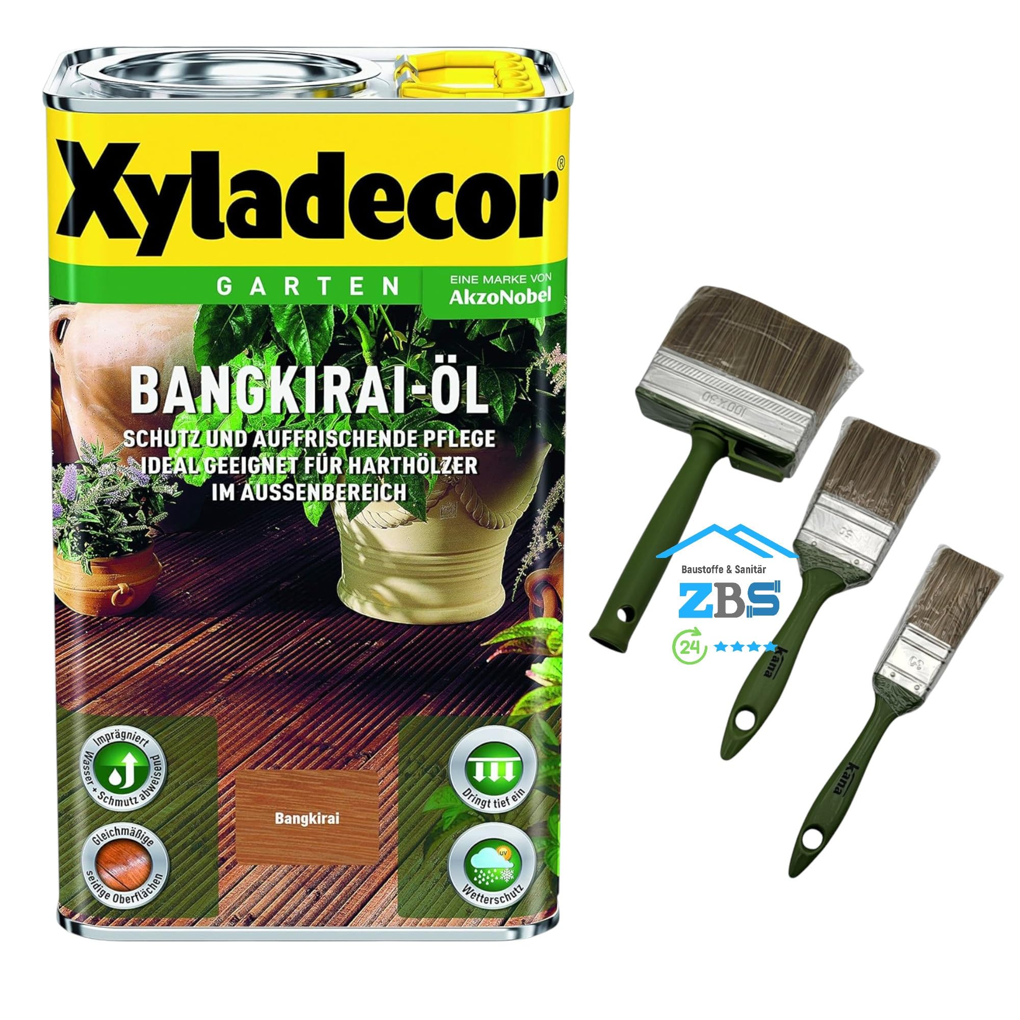 Xyladecor Bangkirai Öl 5 Liter, Terrassendielen, UV-Schutz, inkl. Pinselset