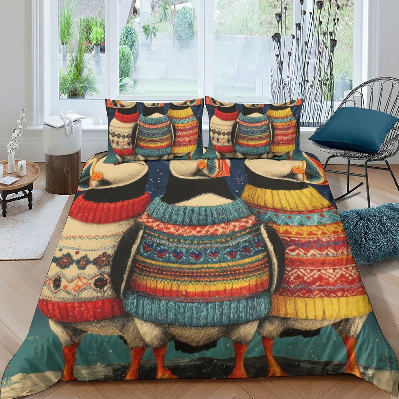 TUFRTGYHN 3D Printed Colourful Penguin Sweater Duvet Cover Microfiber Soft Breathable Cartoon Animal Bedding Set with 2 Pillowcases for Bedroom Decor Single（135x200cm）