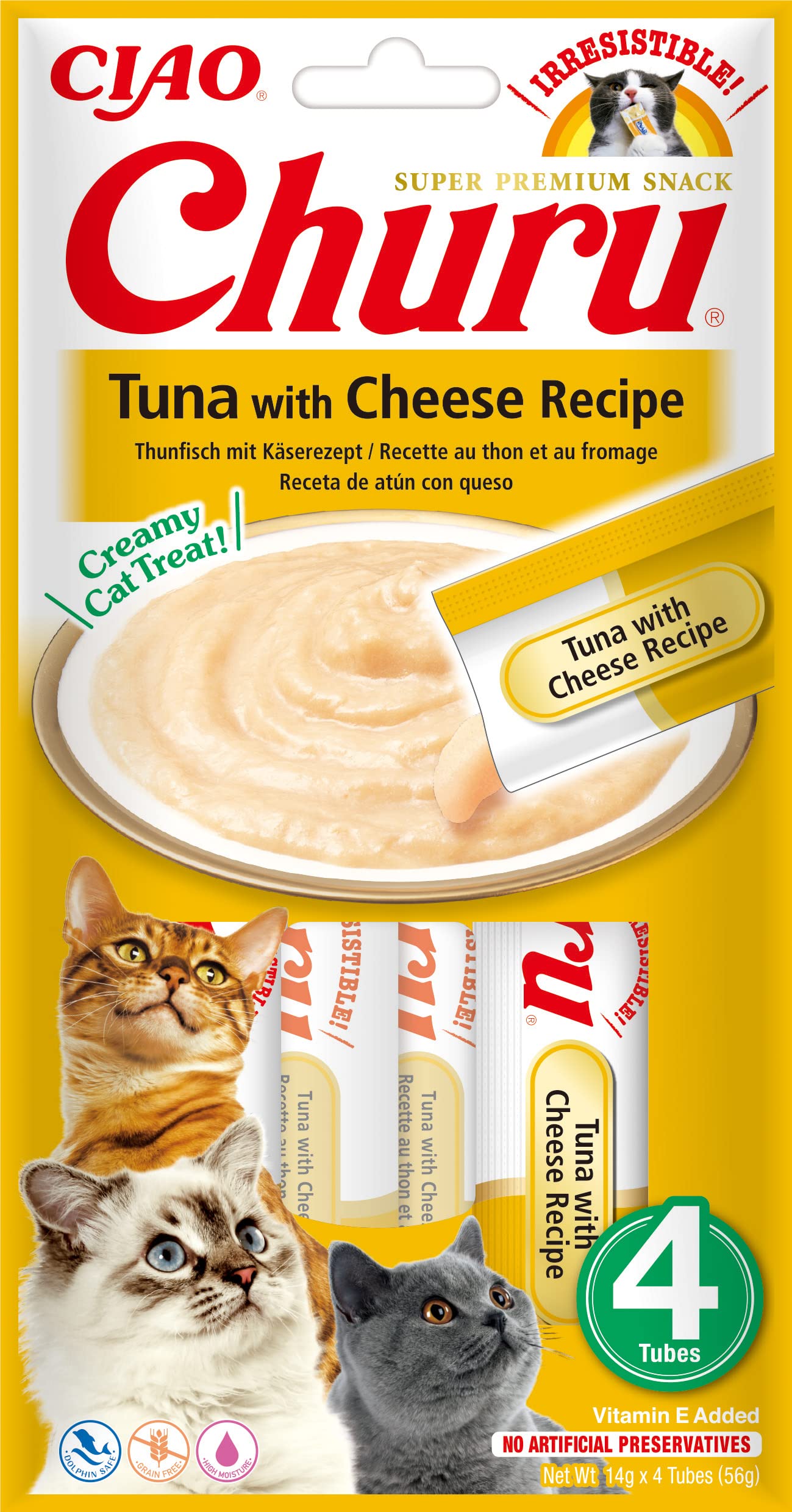 INABA Churu - Premios para Gatos - Snacks Saludables Ternera y Queso - Textura Cremosa - Sin Cereales, Conservantes, Colorantes - Sólo 6 Cal - 4x14g (56g)