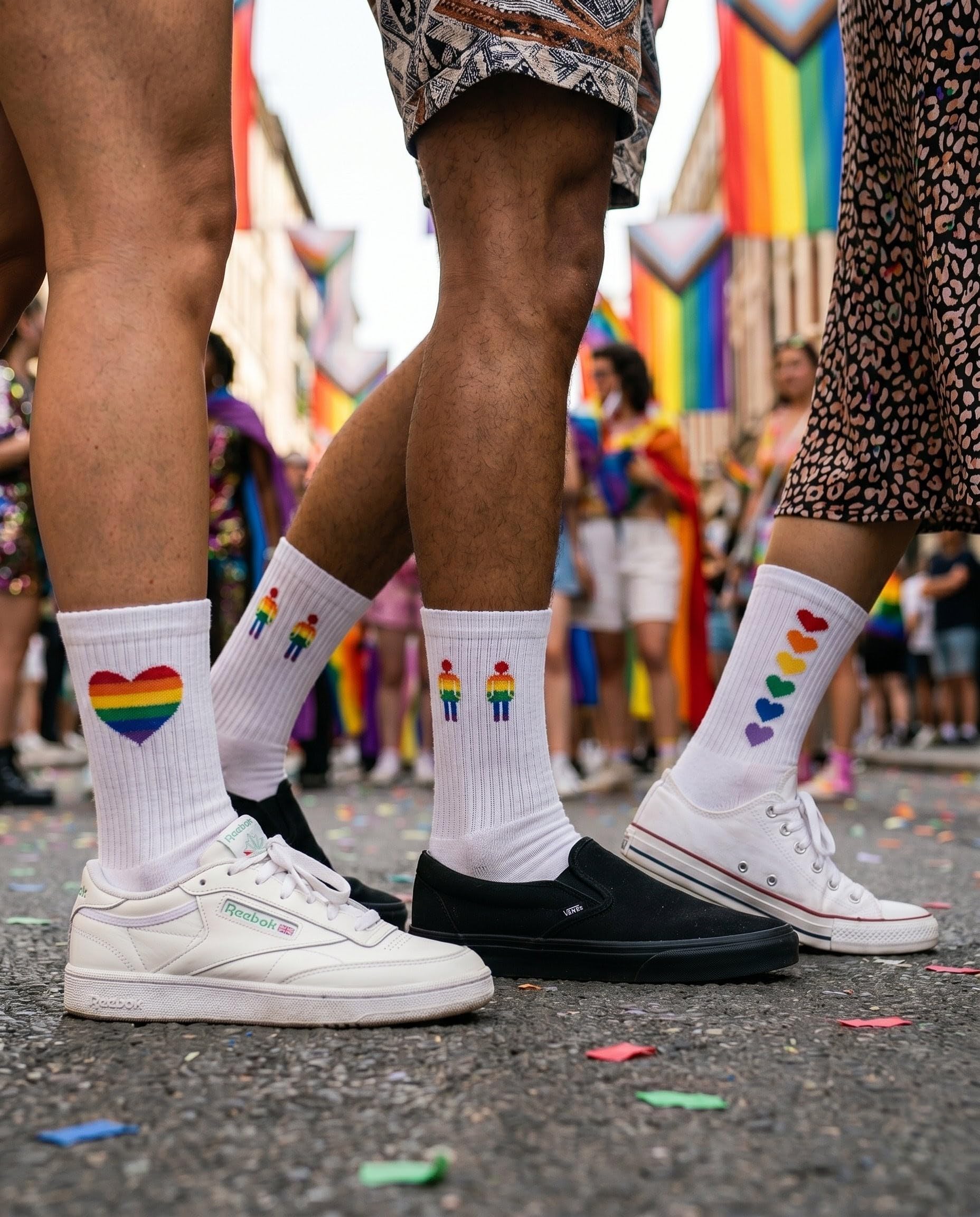 Lot de 3 Chaussettes Pride en Coffret Cadeau - Chaussettes de Sport Blanches Coton Unisexe avec Motifs Arc-en-ciel LGBTQ+ - Accessoires Marche des Fiertés Homme et Femme - Fabriqué en Espagne