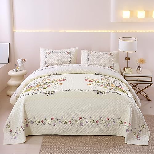 Miniatura 2 de vctops Juego de colcha acolchada de algodón bordado, 3 piezas, tamaño Queen, reversible, flores, hojas, diseño botánico, 1 edredón y 2 fundas de