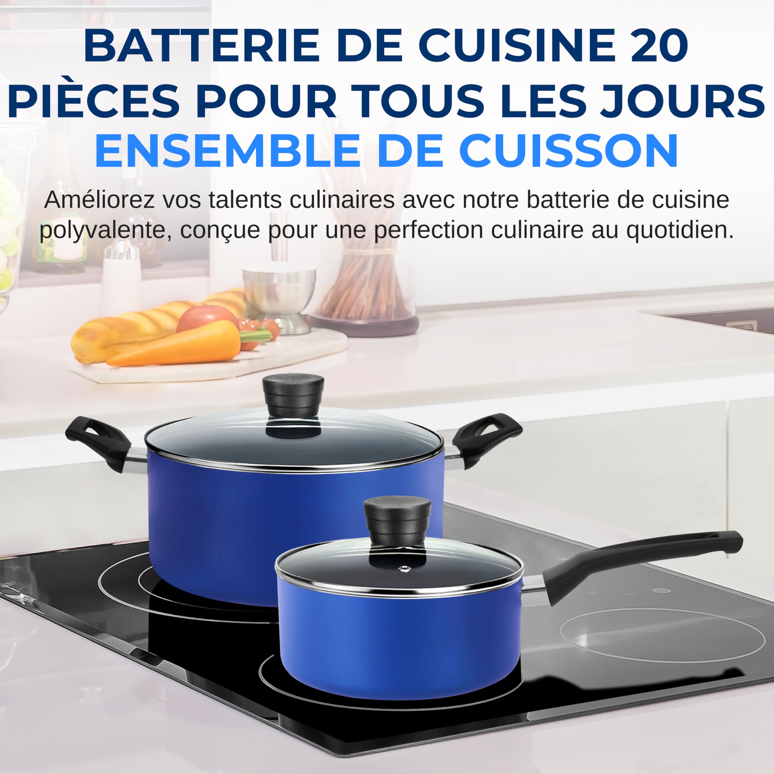 SereneLife Batterie de Cuisine 20 Pcs – Set de Casseroles, Poêles et Faitout Antiadhésif, Inclut Couvercles, Ustensiles et Couteaux, Compatible Gaz, Électrique et Lave-Vaisselle, Résistante Chaleur