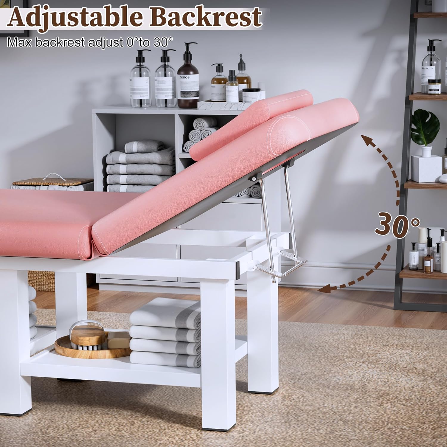 Professional Stationary Massage Table, Heavy Duty Massage Table with Adjustable Backrest, Wide Facial Bed with Storage Space, 6 Metal Legs, PU Leather for Spa, Beauty, Chiropractic, Tattoo