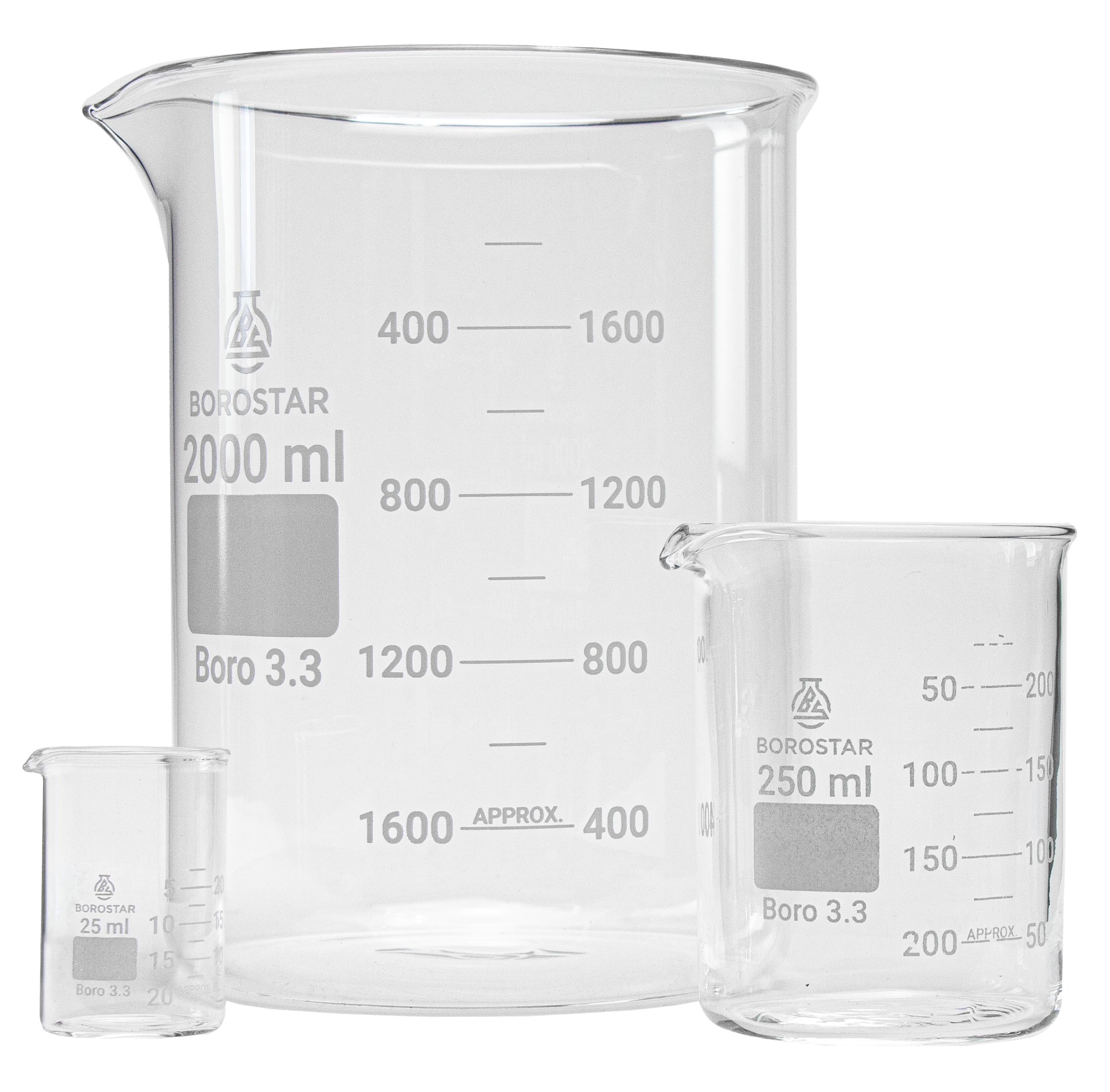 Bicchiere (Boro 3.3), forma bassa con graduazione e beccuccio, 25 ml