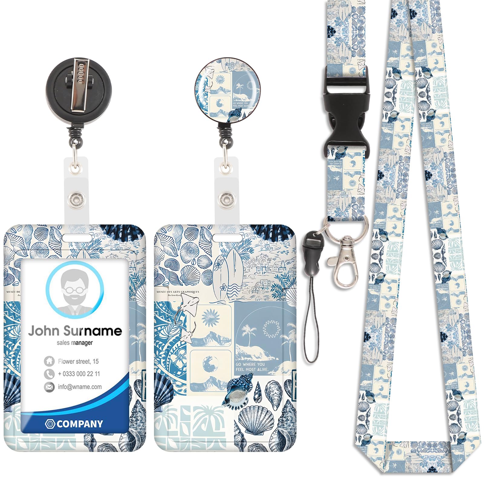 Badge Holder with Lanyard, Personalized ID Badge Holders with Retractable badge Reel Carabiner Clip, Vertical Card Cover Case Protector with Detachable Cute Lanyard for Nurse Teacher Student(Seashell)