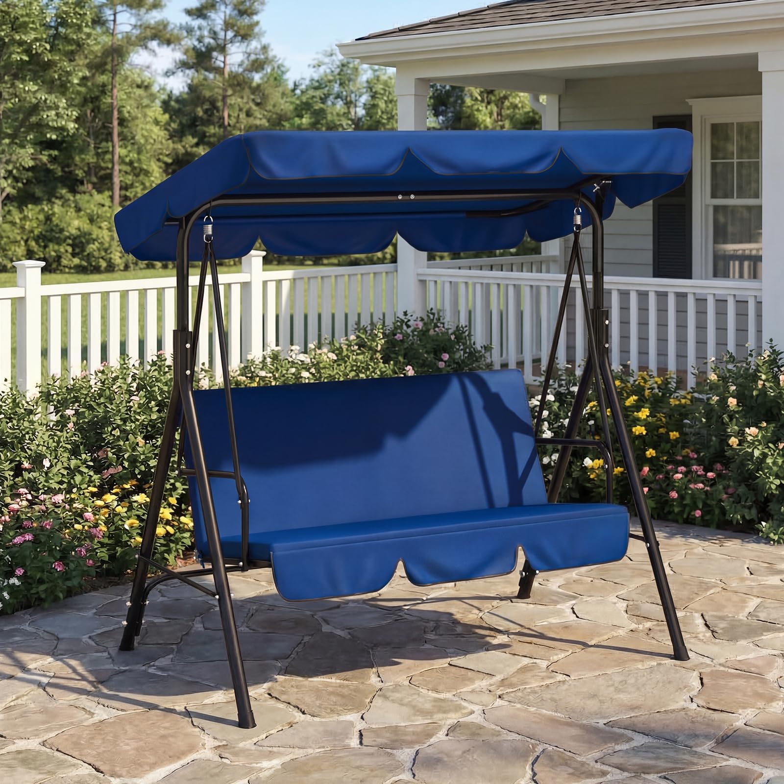 YODOLLA Balancelle de Jardin 3 Places, Auvent Réglable & Coussin Amovible, Charge 204kg, Balancoire Extérieure pour Terrasse, Piscine, Porche, 172 × 112 × 151 cm (Bleu)