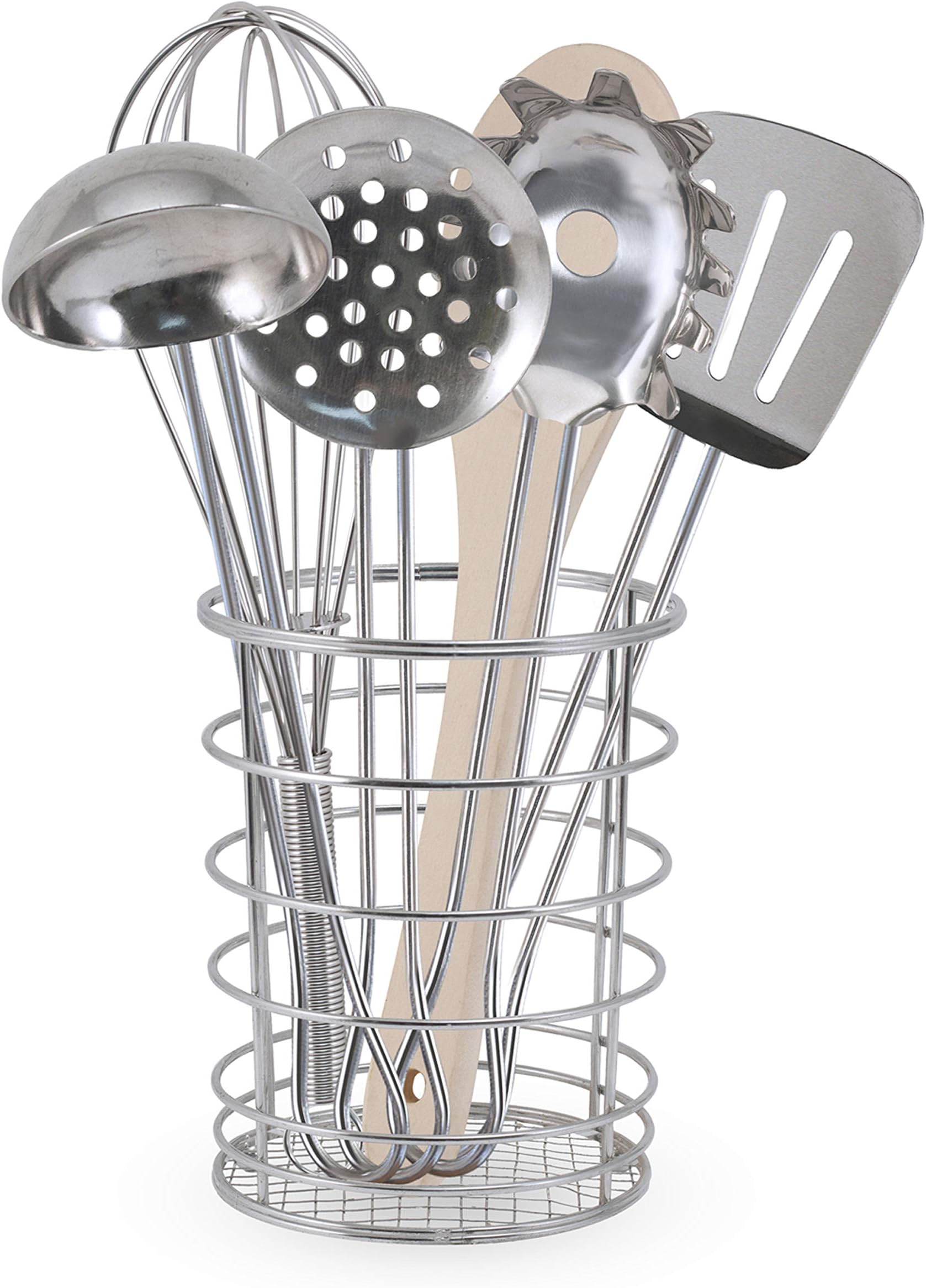 Stir & Serve Cooking Utensils (7 pcs) - Stainless Steel & Wooden Play Kitchen Accessories, Preschool Learning Toys for Girls & Boys 3+