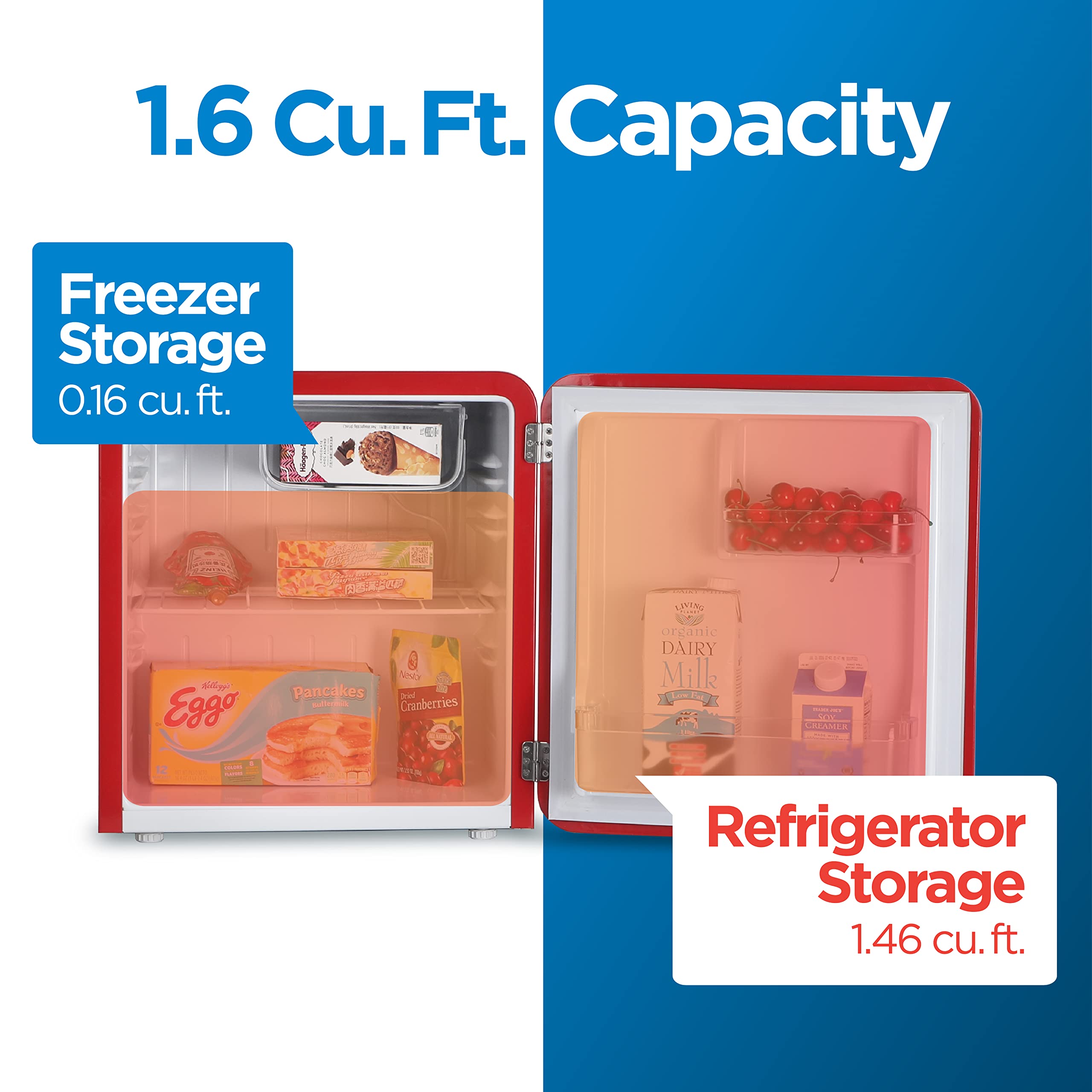 Commercial Cool 1.6 Cu. Ft, Vintage Style, Retro Fridge with 1 Slide-Out Wire Shelf & Bin Storage, Small Refrigerator with Freezer, Red