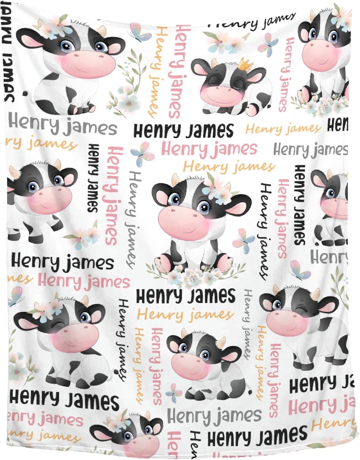 Custom Cow Blanket with Name, Personalized Baby Swaddle Blanket for Girls Boys Kids, 40"x50" Throw Size