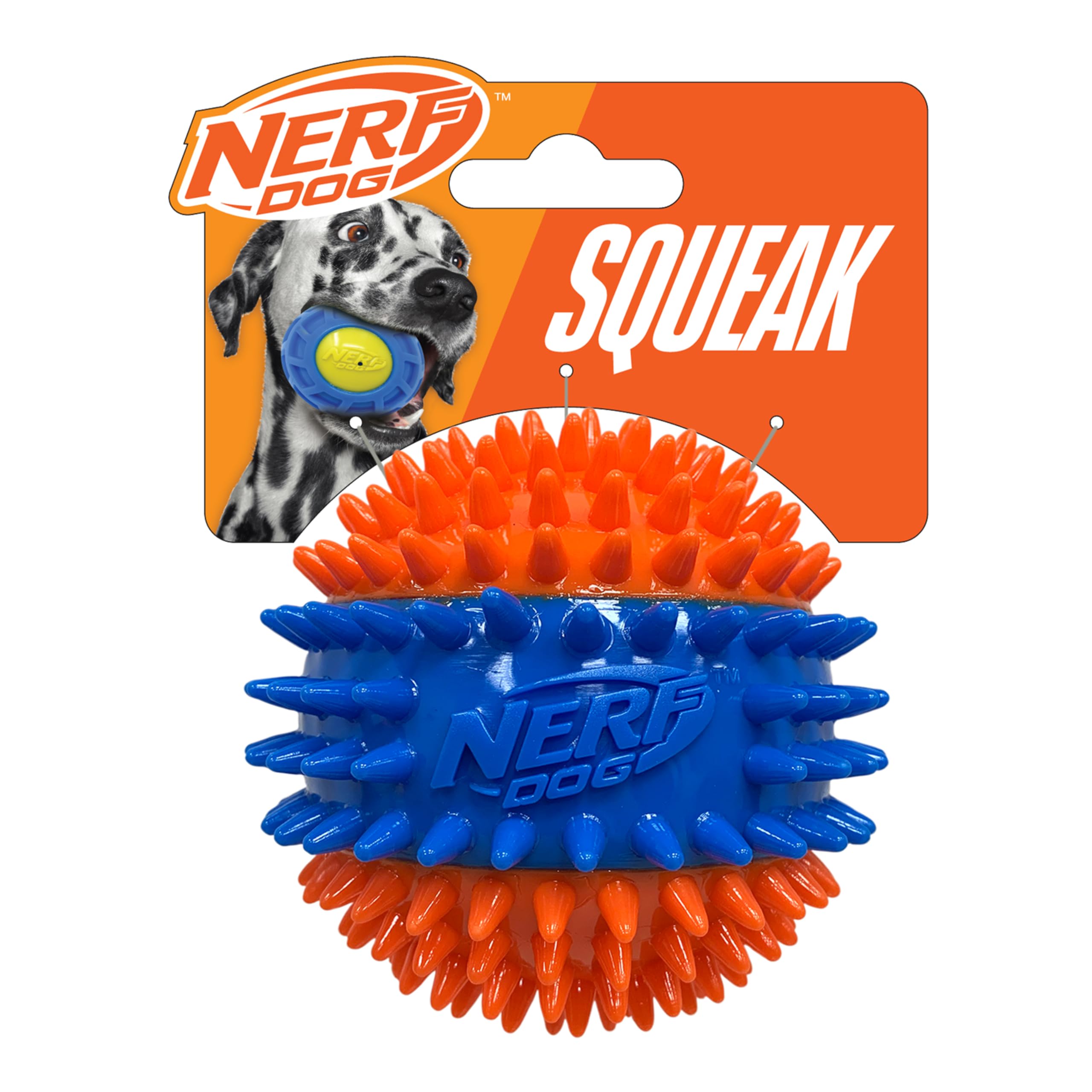 Nerf Dog TPR Spike Ball with Loud Squeaker, 2.7-Inch Durable Fetch Toy for Dogs, Orange/Blue